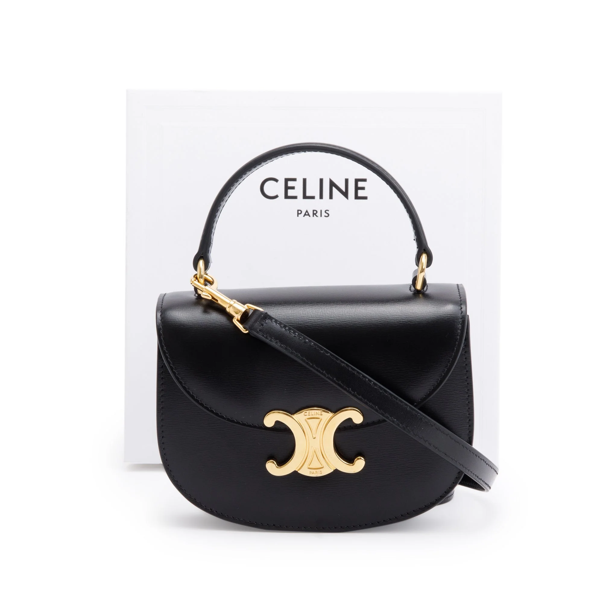 Celine 2021 Black Shiny Calfskin Leather Mini Besace Clea Shoulder Bag w/ Strap & Box - Image 3