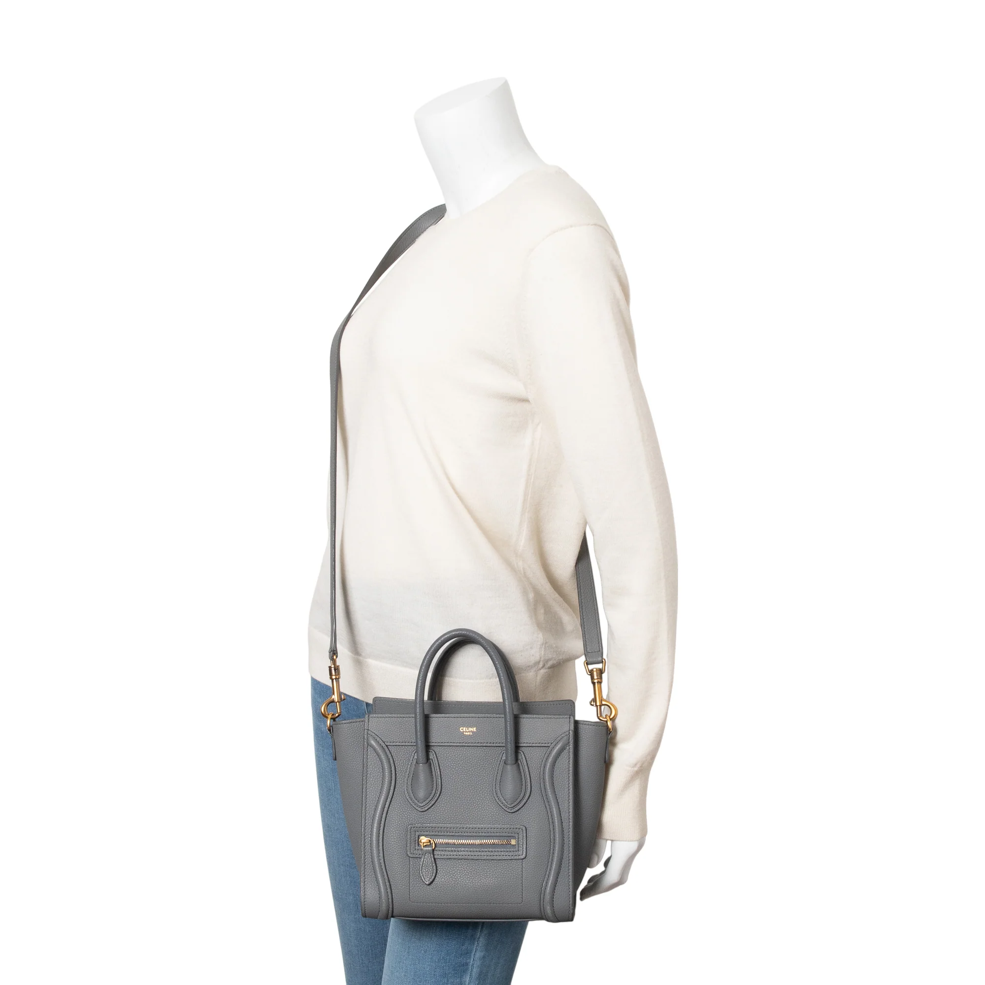 Celine 2022 Grey Calfskin Leather Nano Luggage Tote w/ Strap - Image 2