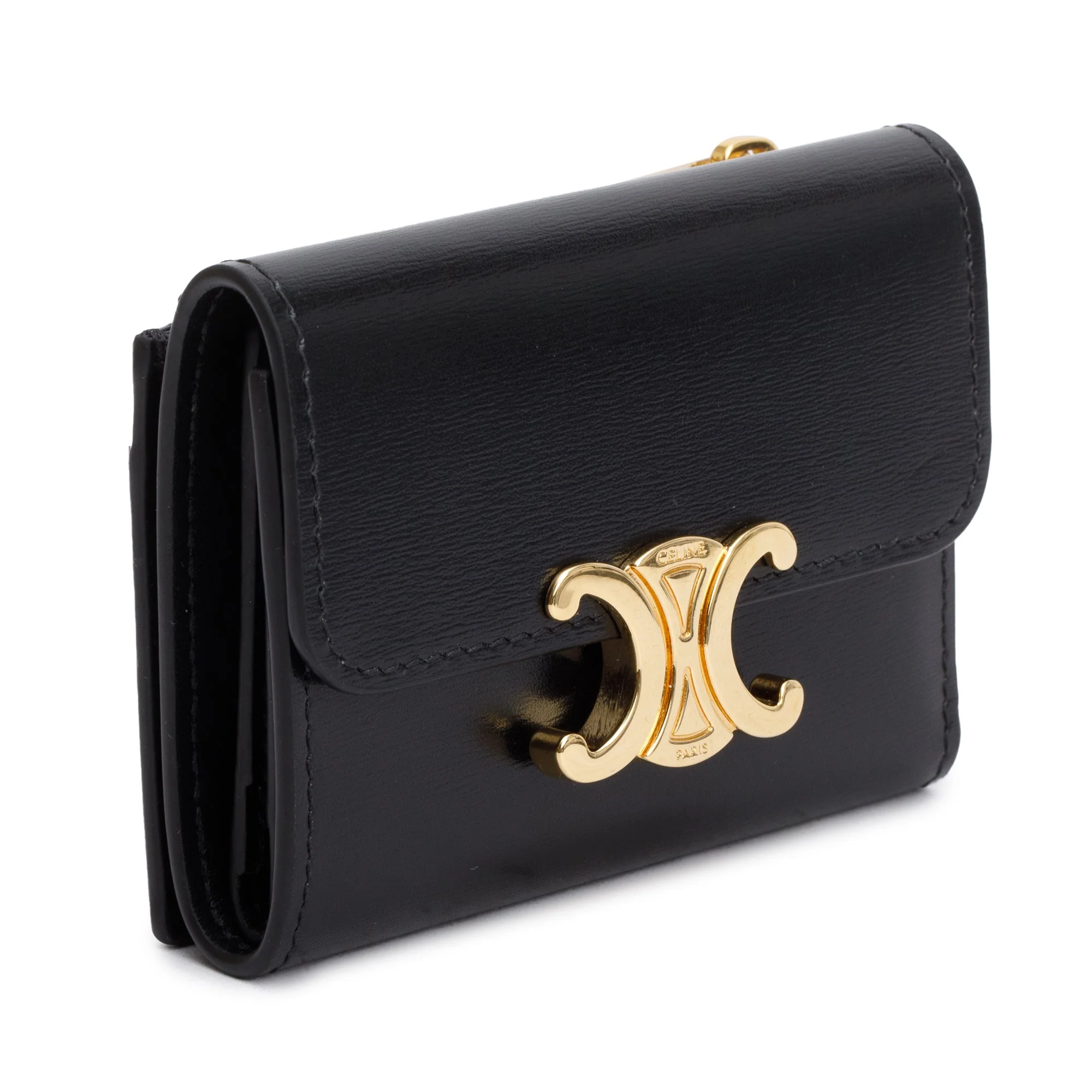 Celine 2024 Black Shiny Calfskin Leather Triomphe Compact Wallet - Image 2