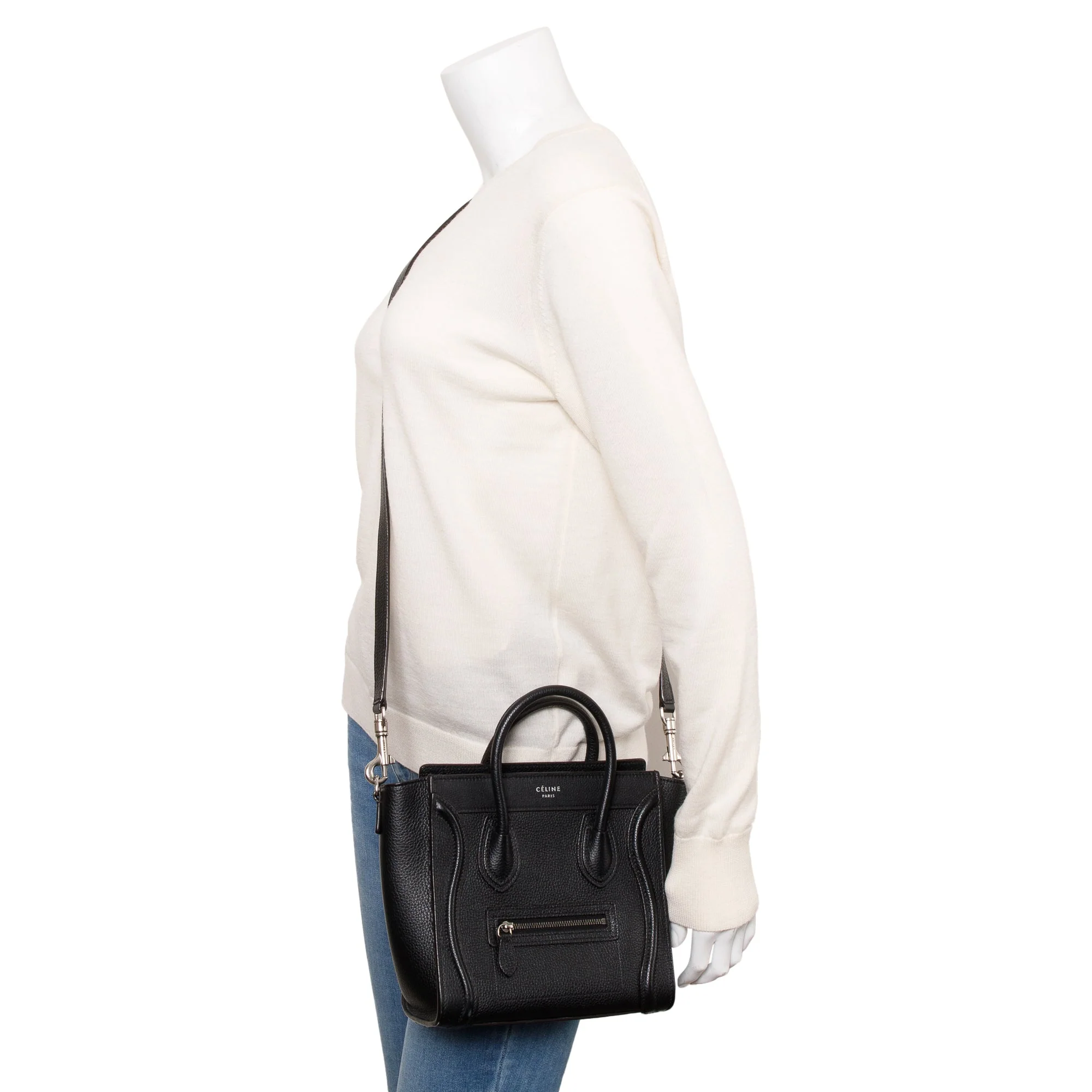 Celine Black Drummed Calfskin Leather Nano Luggage Tote w/ Strap - Image 2