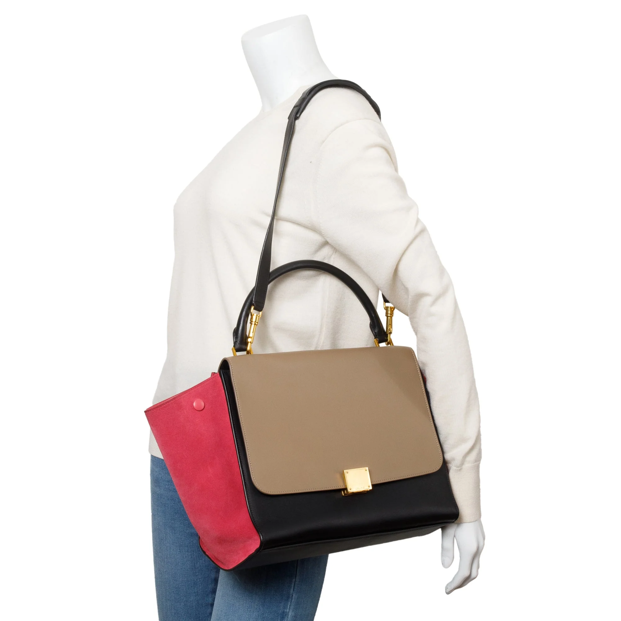 Celine Tricolor Calfskin Leather and Suede Medium Trapeze Bag w/ Strap - Image 2
