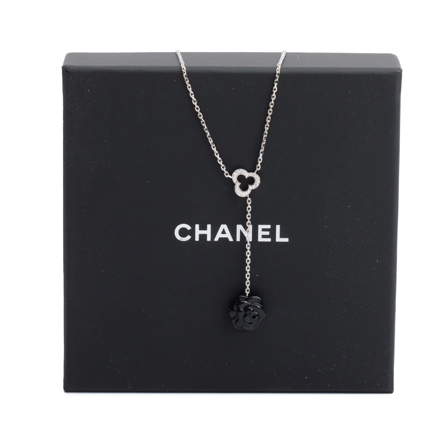 Chanel 18k White Gold Diamond & Onyx Camelia Sculpte Necklace w/ Box - Image 3
