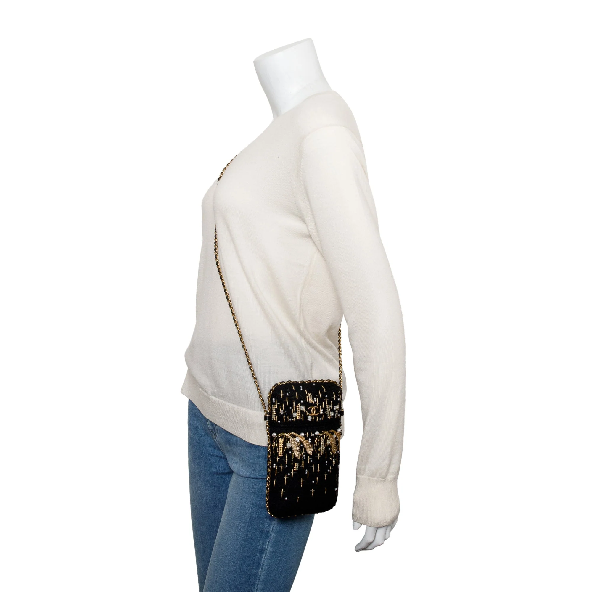 Chanel 2020 Black Jersey Faux Pearl & Crystal Embellished Clutch With Chain - Image 2