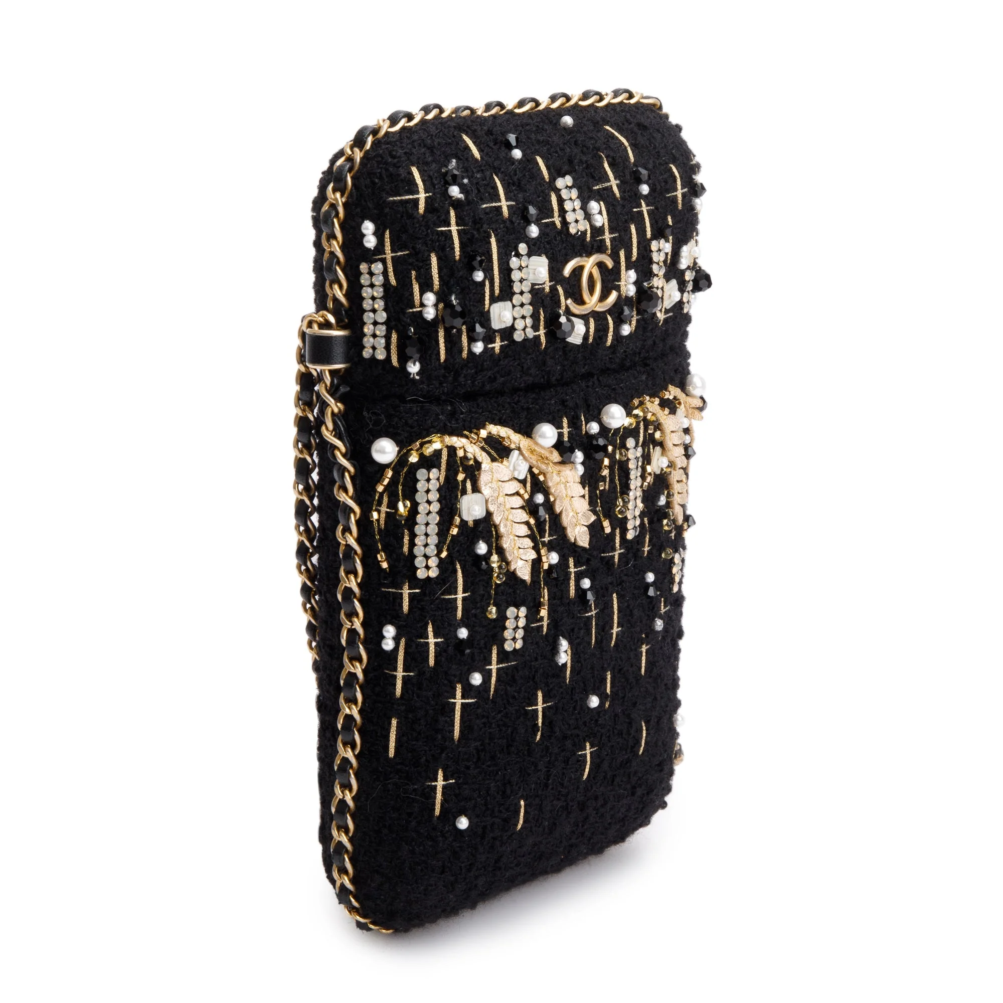 Chanel 2020 Black Jersey Faux Pearl & Crystal Embellished Clutch With Chain - Image 4