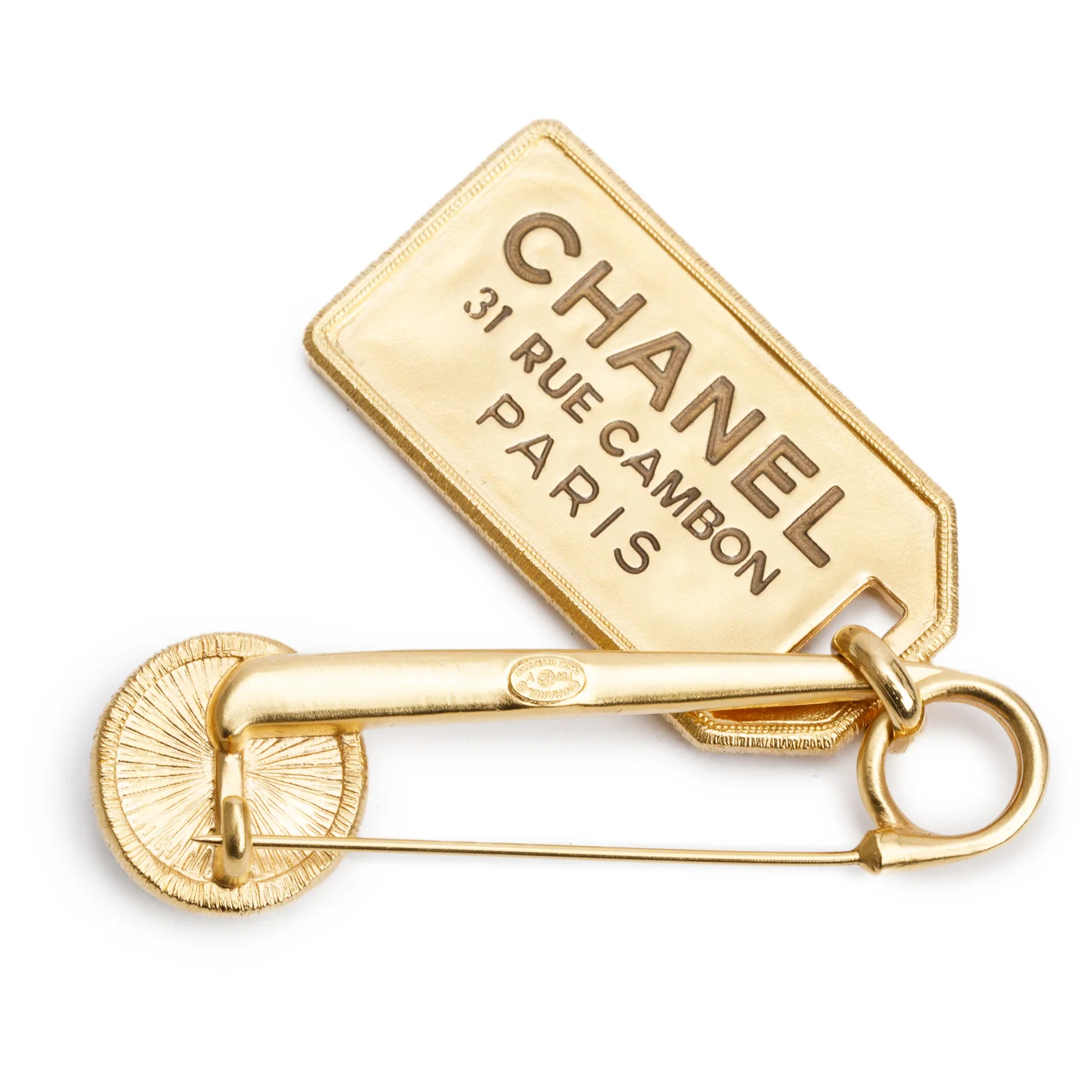 Chanel 2020 Gold Plated Faux Pearl 31 Rue Cambon Safety Pin Brooch - Image 2