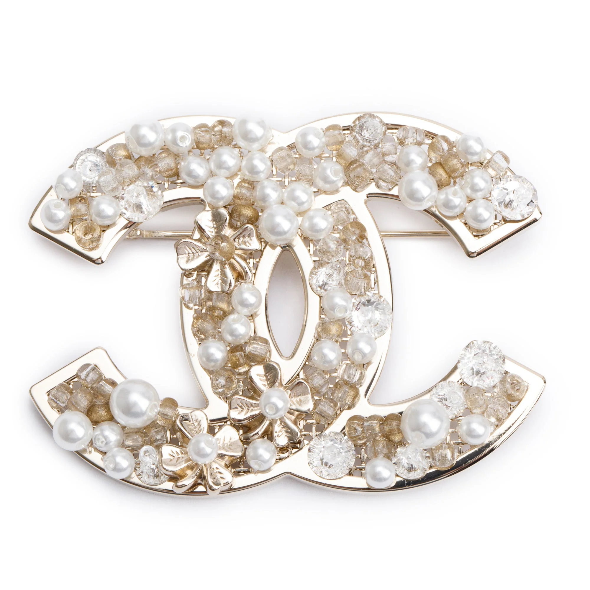 Chanel 2020 Gold Plated Faux Pearl & Crystals CC Brooch