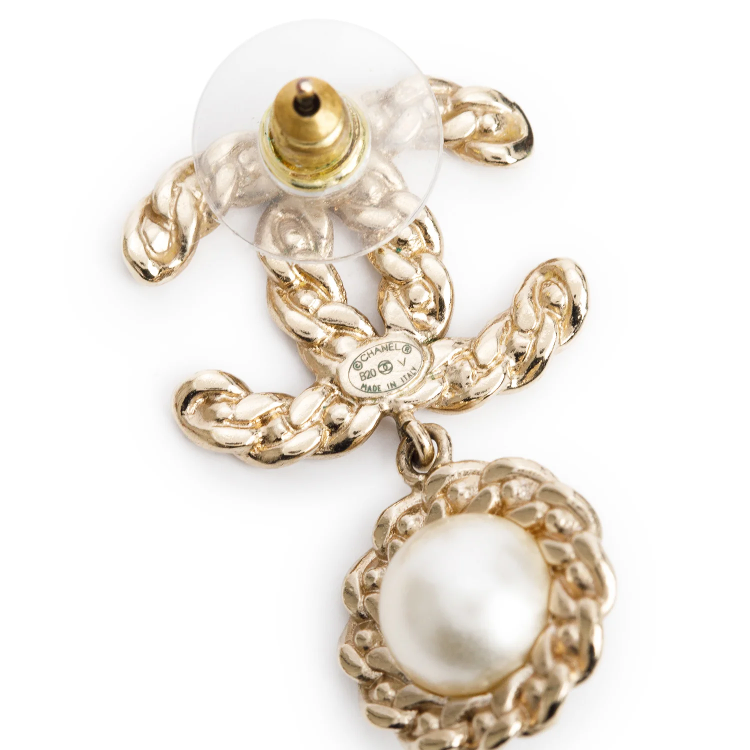 Chanel 2020 Gold Plated Faux Pearl & Strass CC Drop Earrings - Image 3