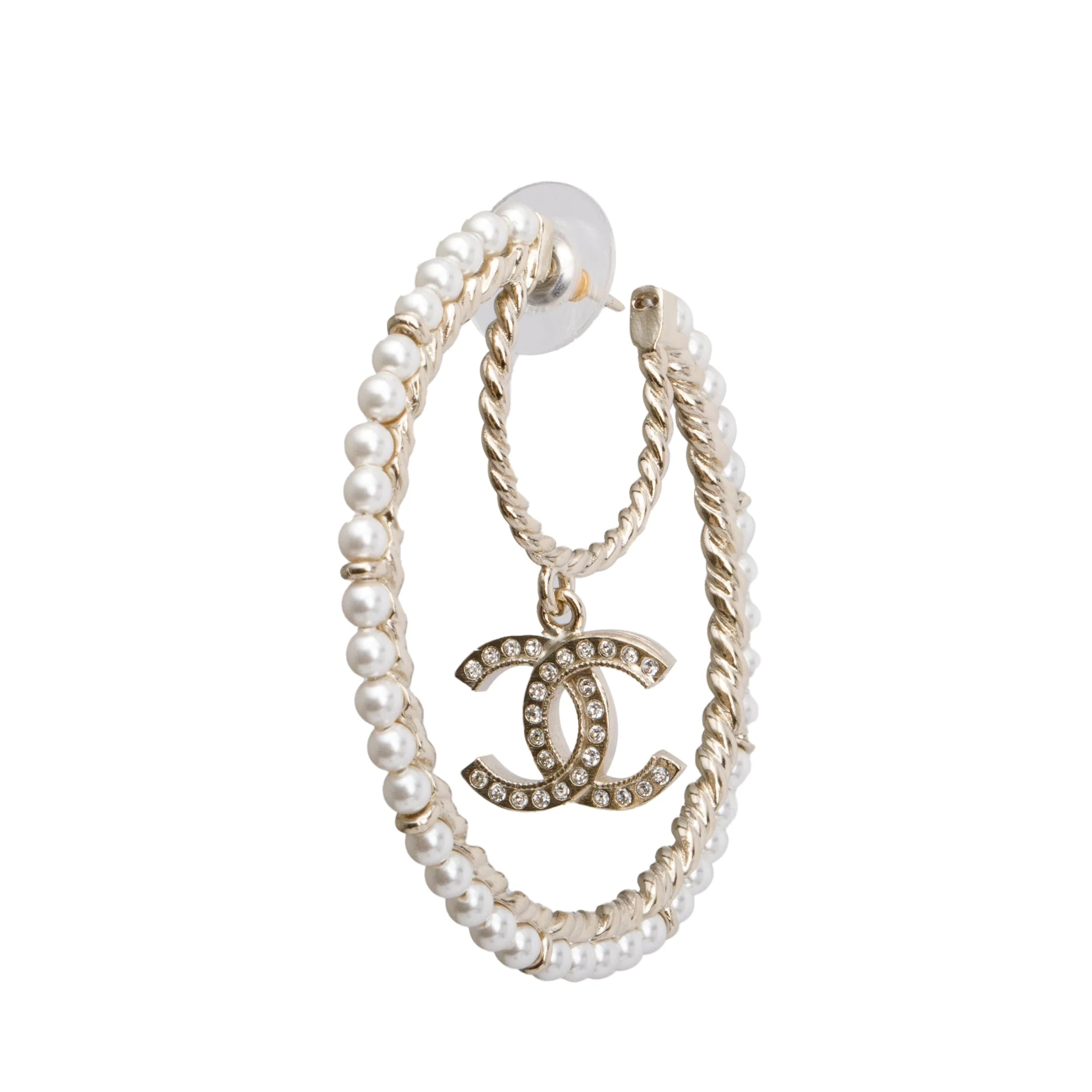 Chanel 2020 Gold Plated Faux Pearl & Strass CC Hoop Earrings w/ Box - Image 3