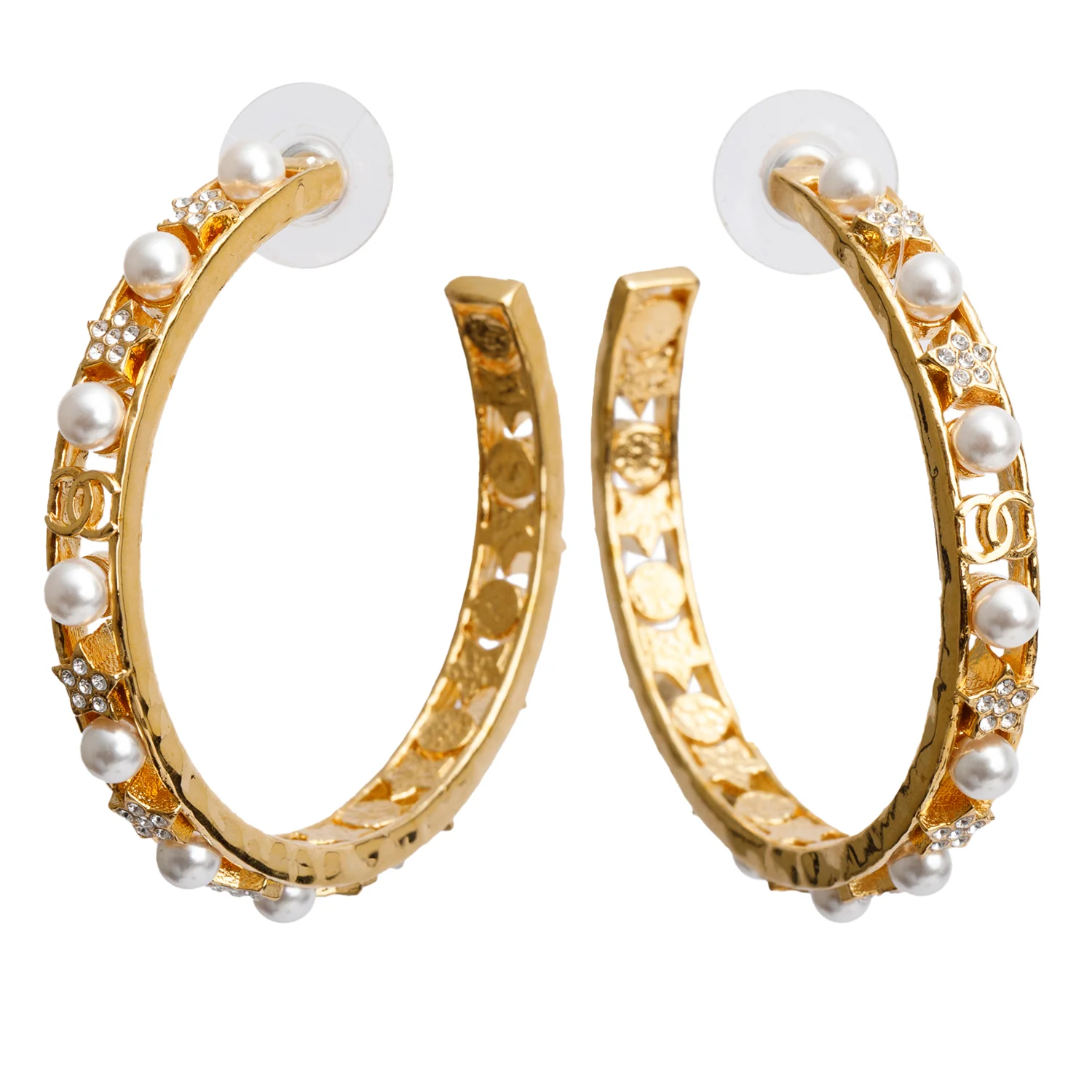 Chanel 2020 Gold Plated Faux Pearl & Strass Hoop Earrings w/ Box