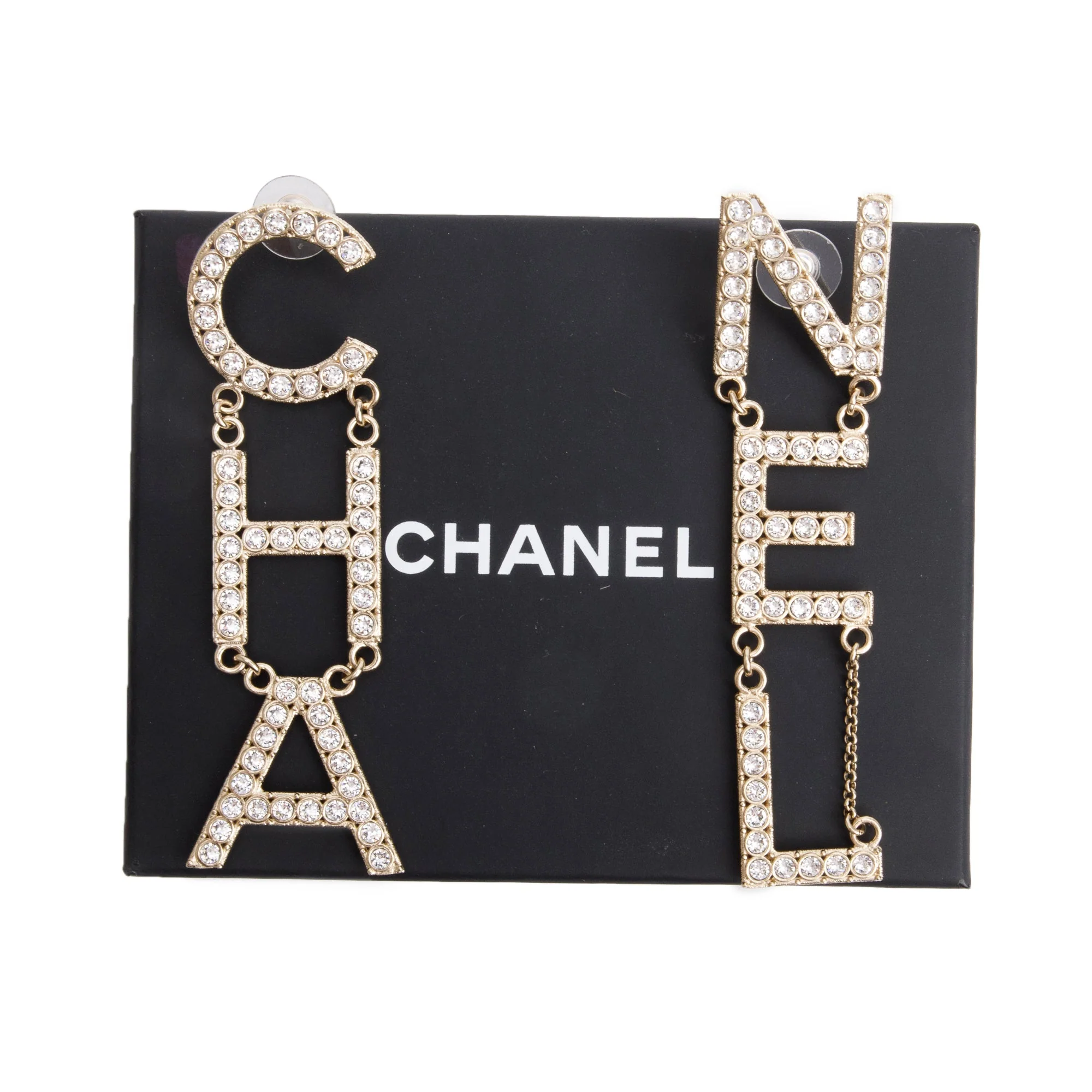 Chanel 2020 Gold Plated Strass 'CHA-NEL' Drop Earrings w/ Box - Image 2