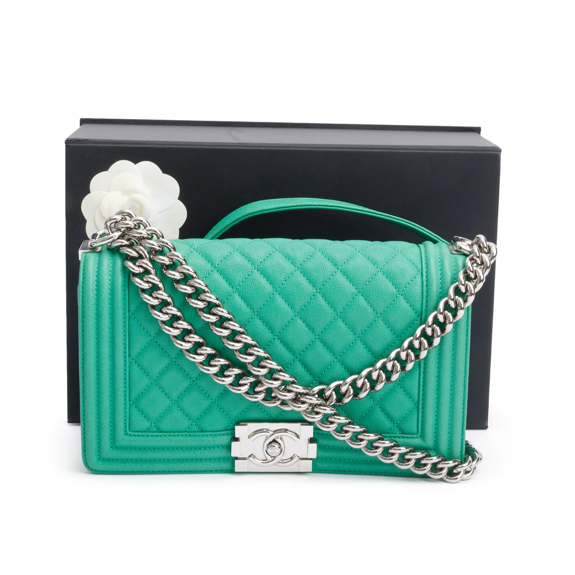 Chanel 2020 Green Quilted Caviar Leather Medium Boy Bag w/ Box, Receipt & Authenticity Card - Image 3