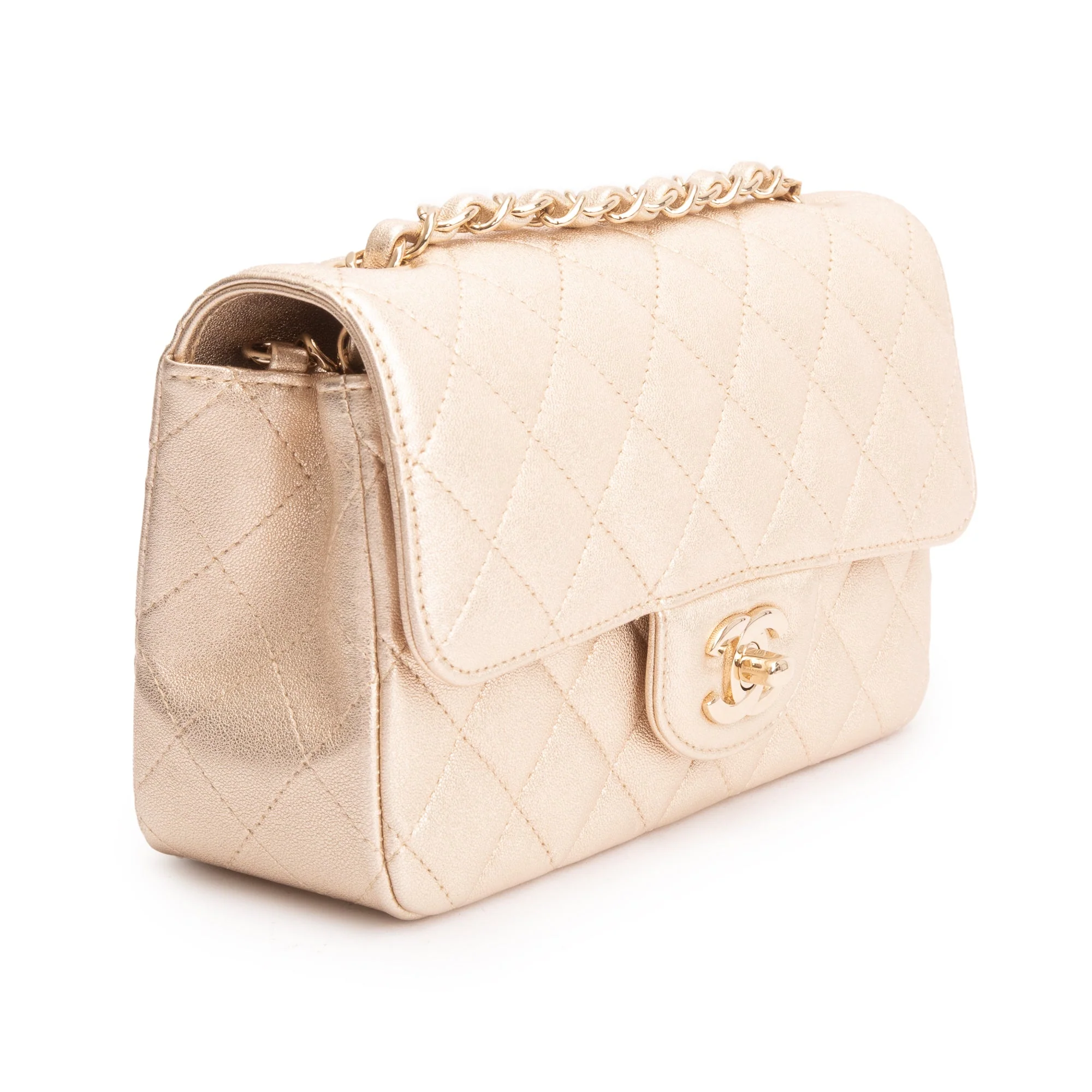 Chanel 2020 Metallic Gold Quilted CalfskinLeather Classic Mini Rectangular Flap Bag w/ Box & Authenticity Card - Image 5