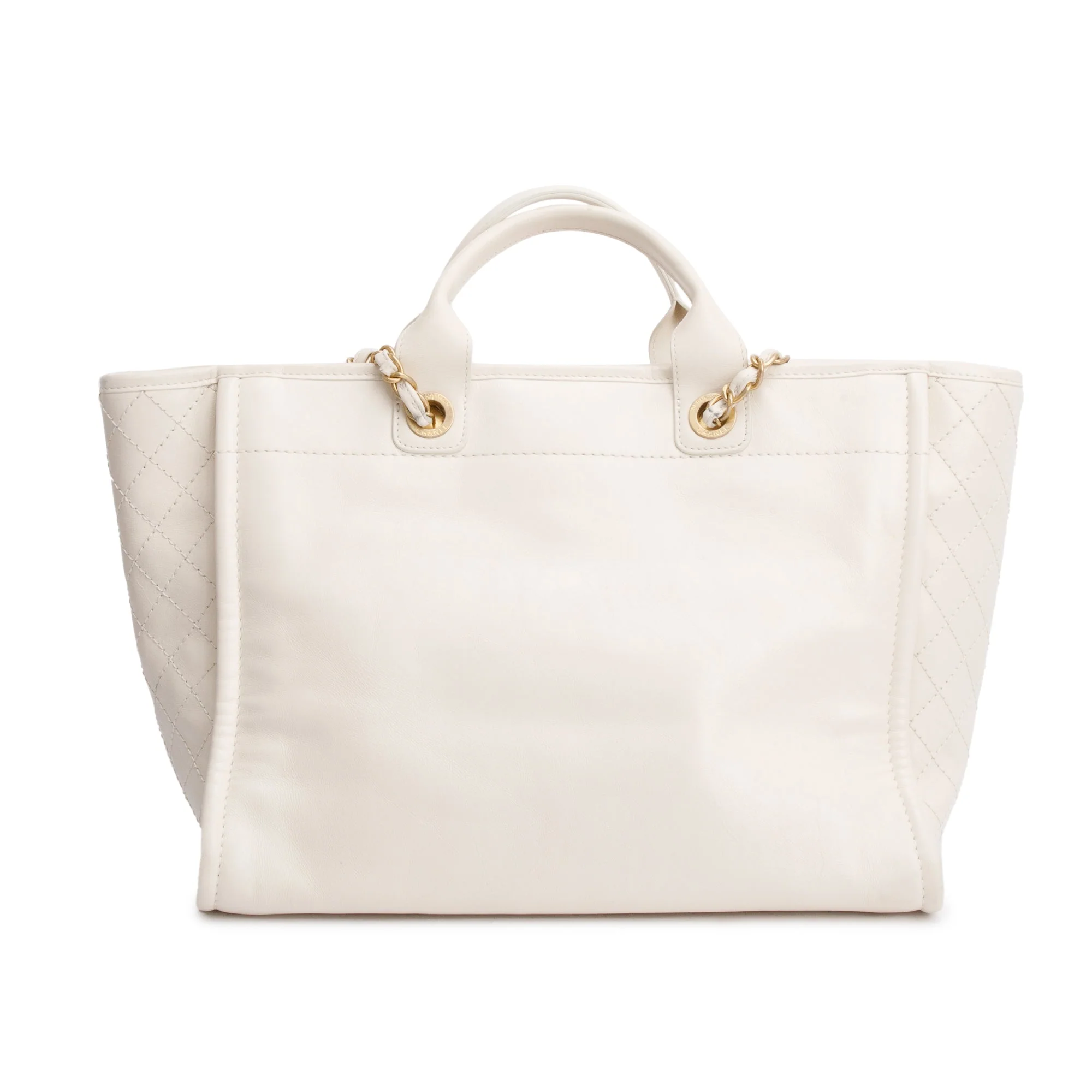 Chanel 2020 Neutral Calfskin Leather Embellised Medium Deauville Logo Charms Shopping Tote - Image 5