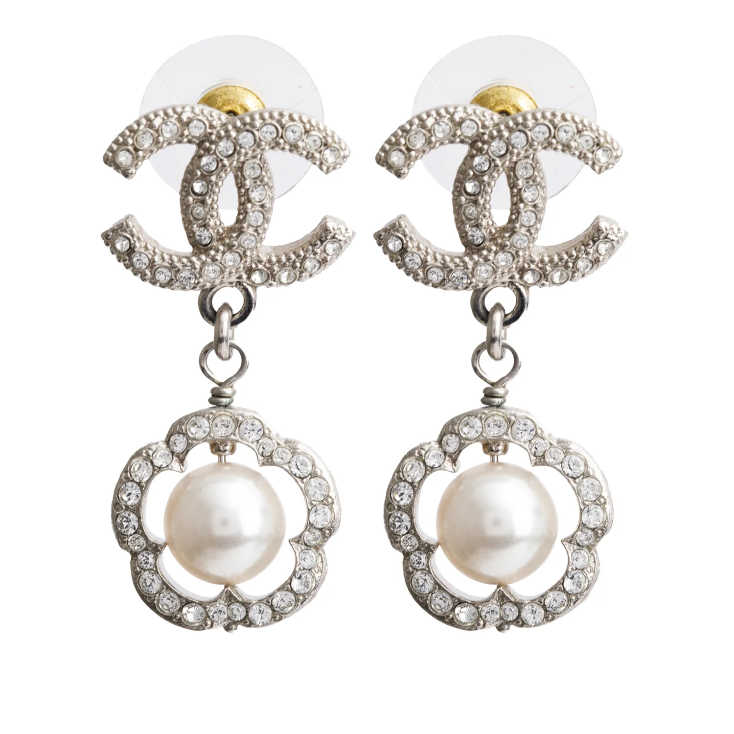 Chanel 2020 Palladium-Plated Faux Pearl & Strass CC Flower Drop Earrings
