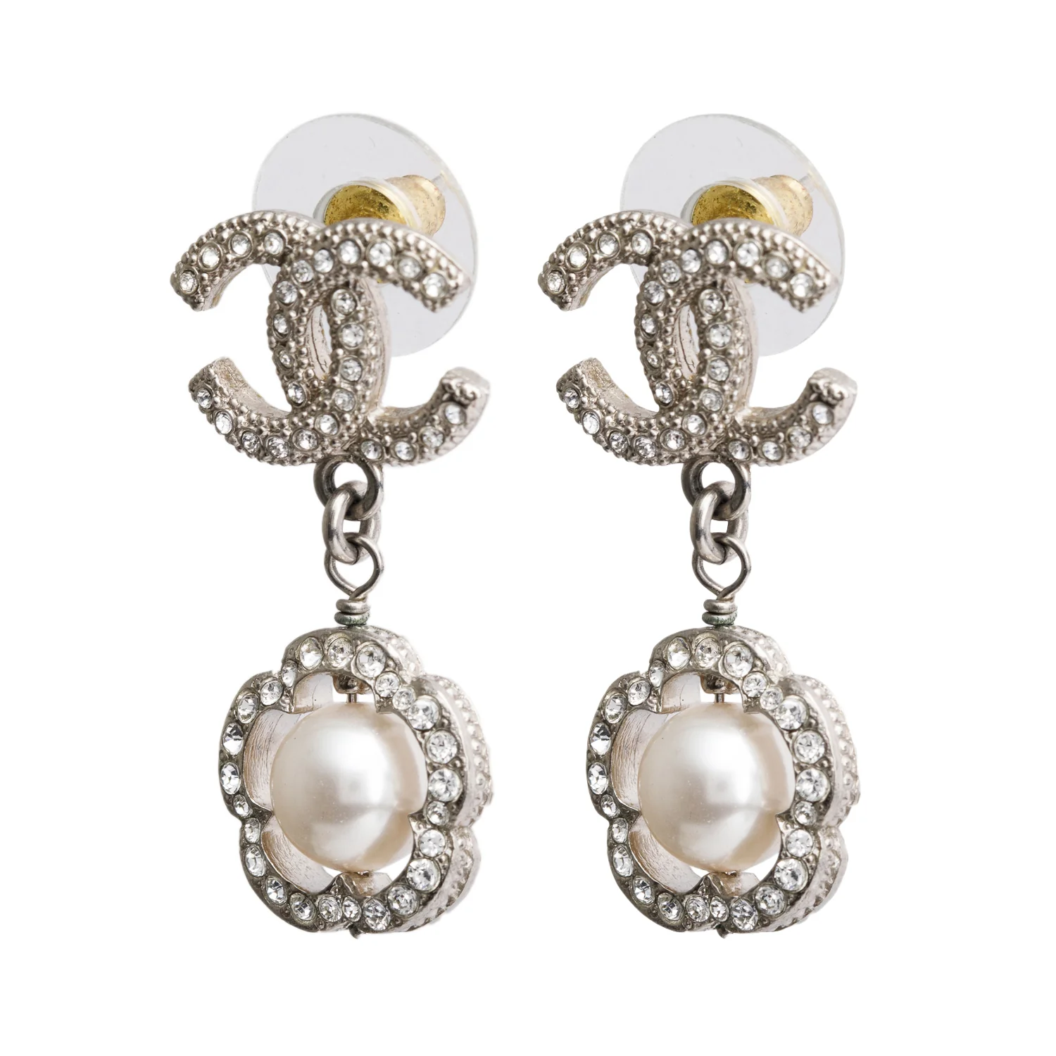 Chanel 2020 Palladium-Plated Faux Pearl & Strass CC Flower Drop Earrings - Image 2