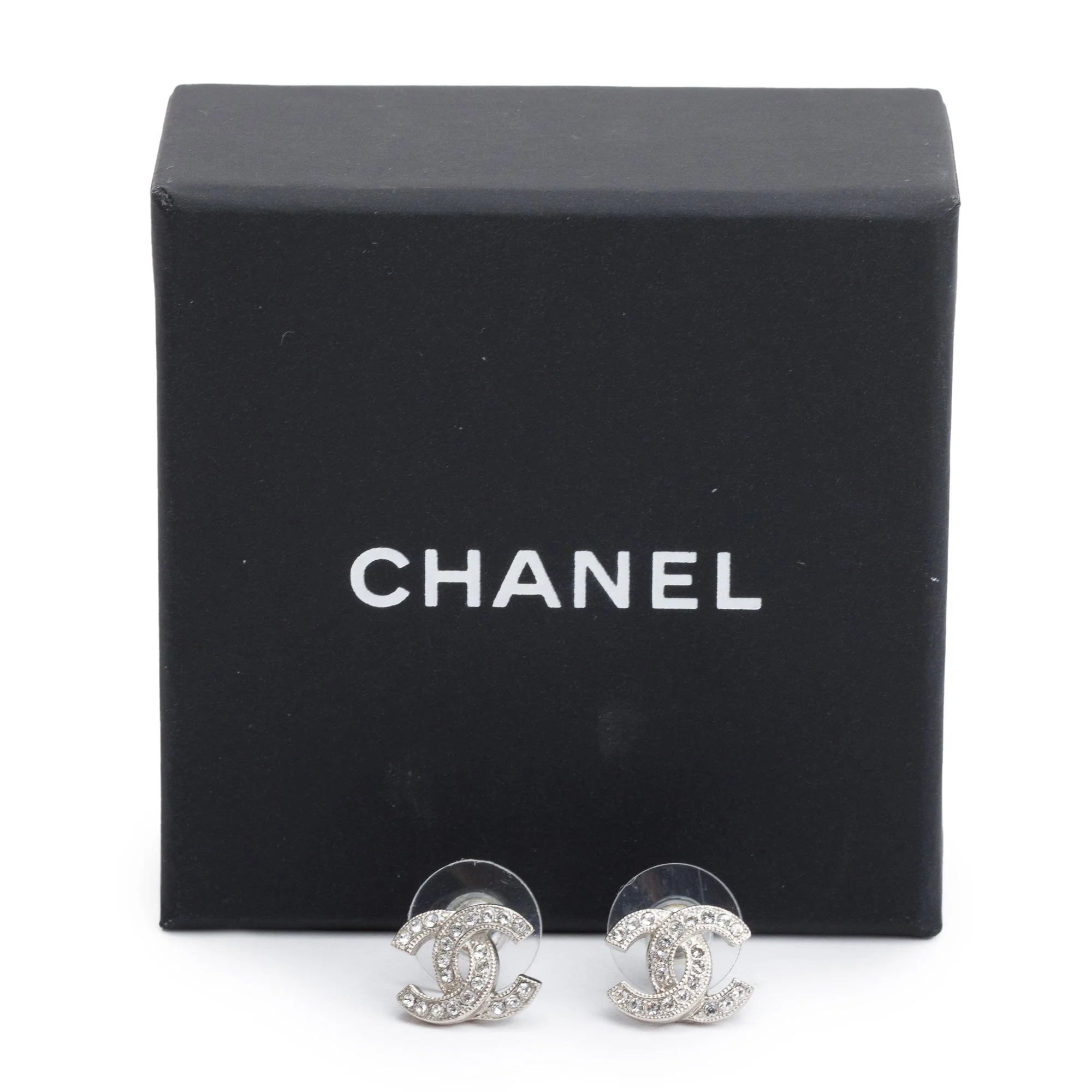 Chanel 2020 Palladium Plated Strass CC Stud Earrings w/ Box - Image 2