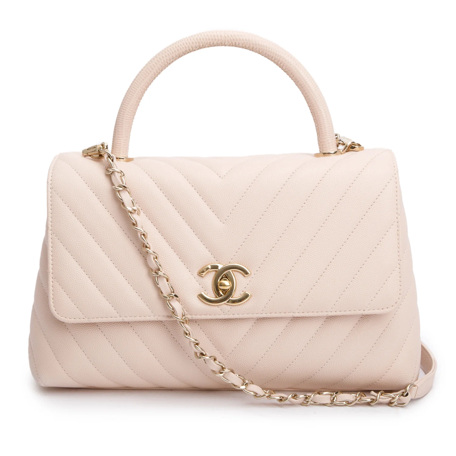 Chanel 2020 Pink Chevron Quilted Caviar Leather Medium Coco Handle Bag w/ Strap & Authenticity Card