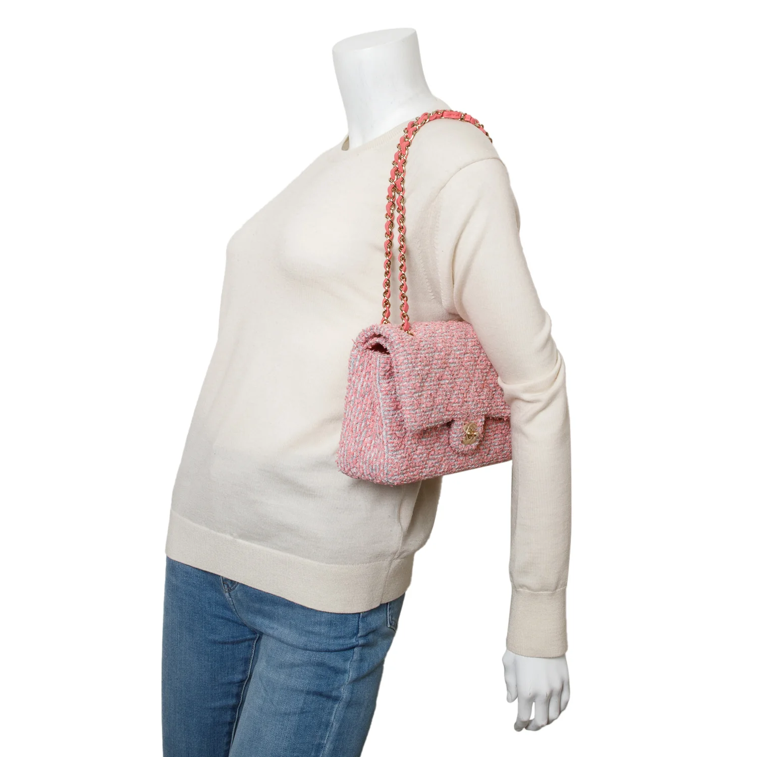Chanel 2020 Pink Tweed Quilted Medium Double Flap Bag w/ Authenticity Card - Image 2
