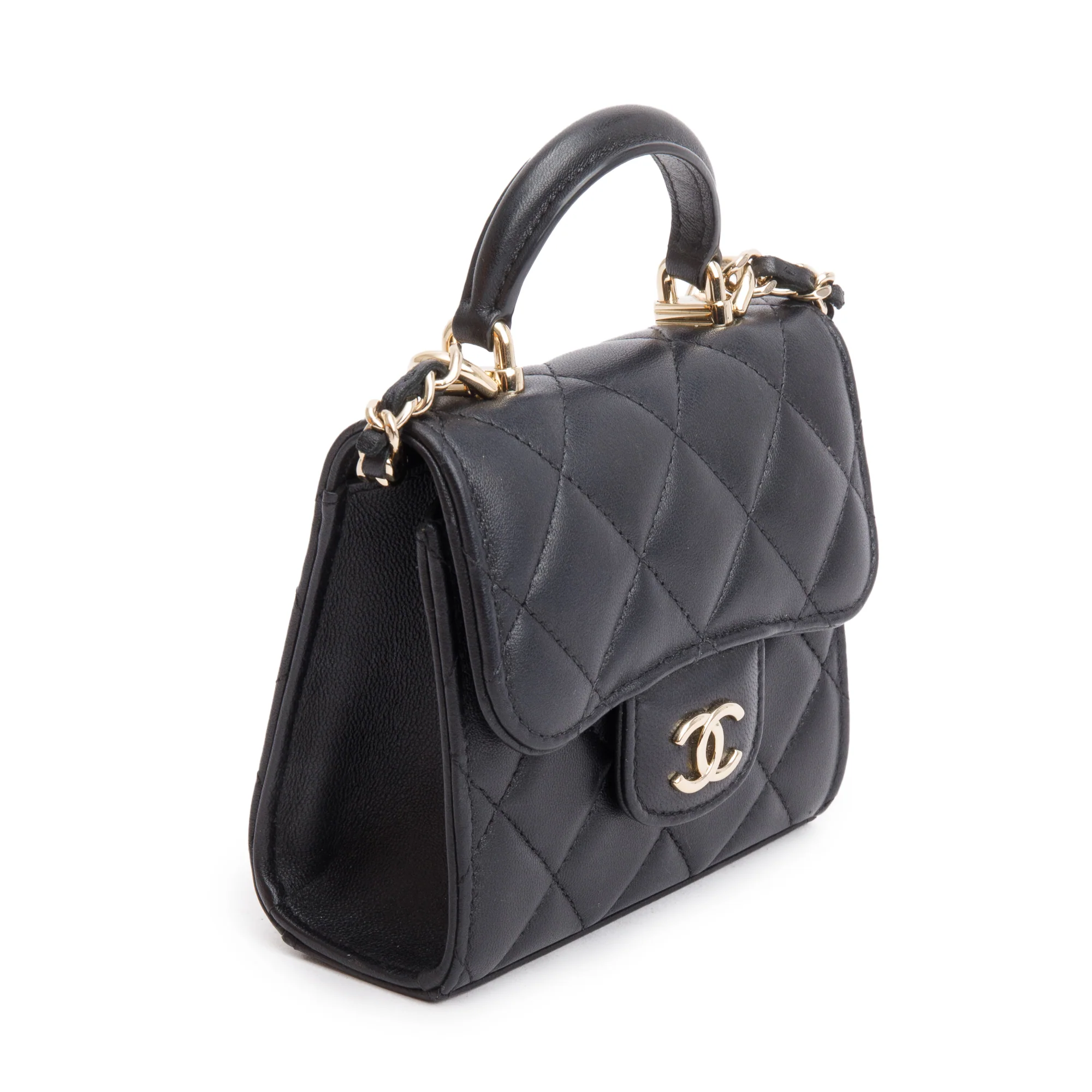 Chanel 2021 Black Quilted Lambskin Leather Mini Top Handle Clutch on Chain w/ Authenticity Card - Image 4