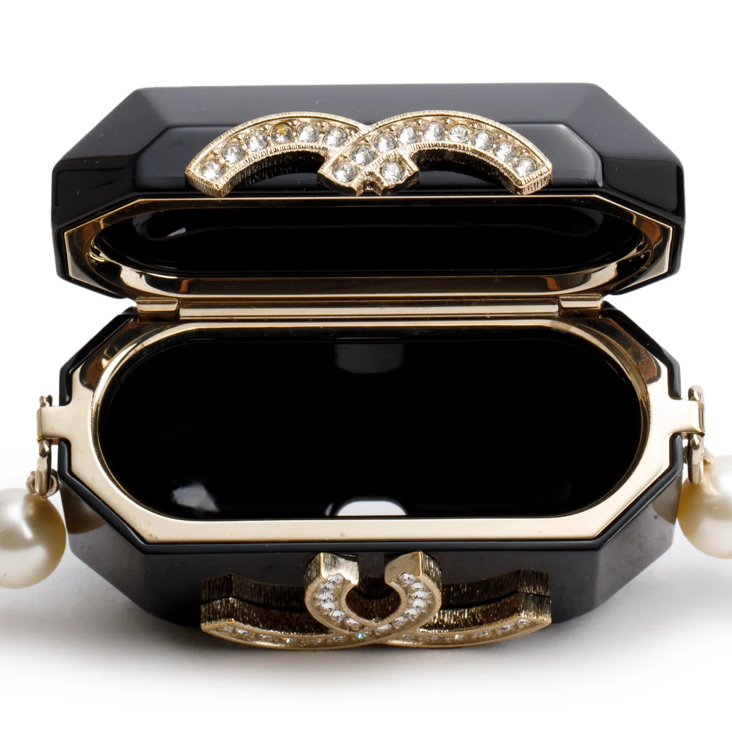 Chanel 2021 Black Resin Crystal CC Faux Pearl Airpod Holder Necklace w/ Box - Image 9