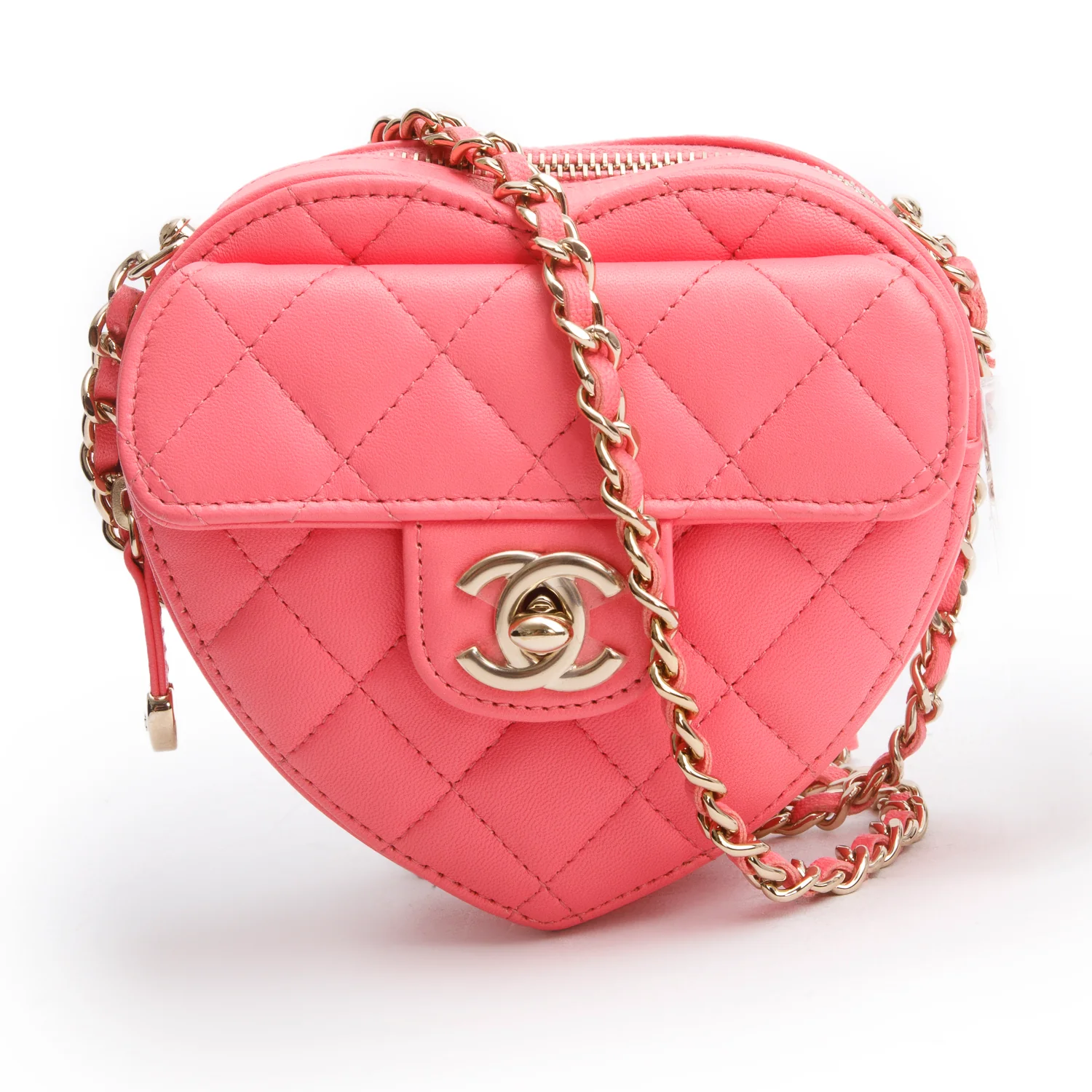 Chanel 2021 Pink Lambskin Leather Mini CC In Love Heart Bag w/ Authenticity Card