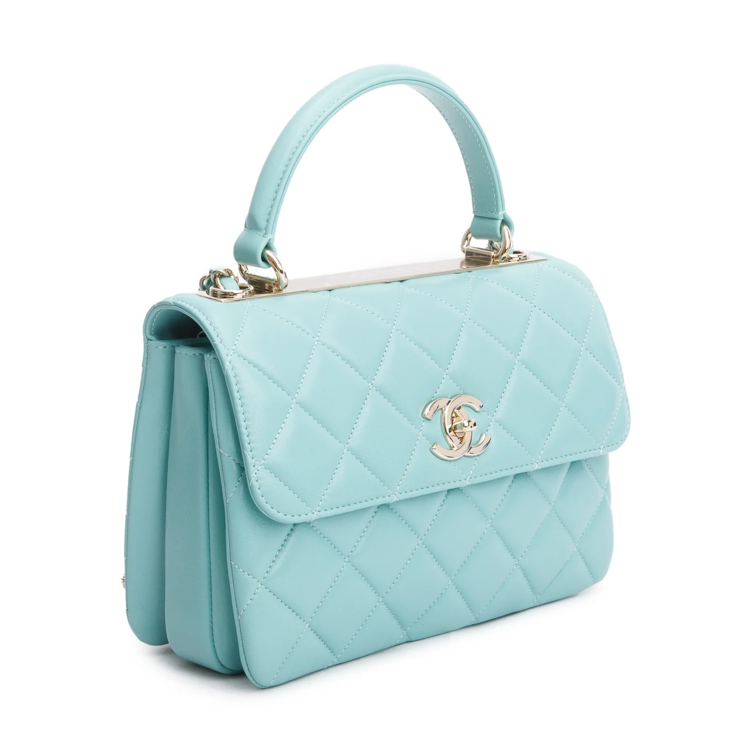 Chanel 2021 Teal Lambskin Quilted Small Trendy Top Handle Bag w/ Box and Authenticity Card - Image 4