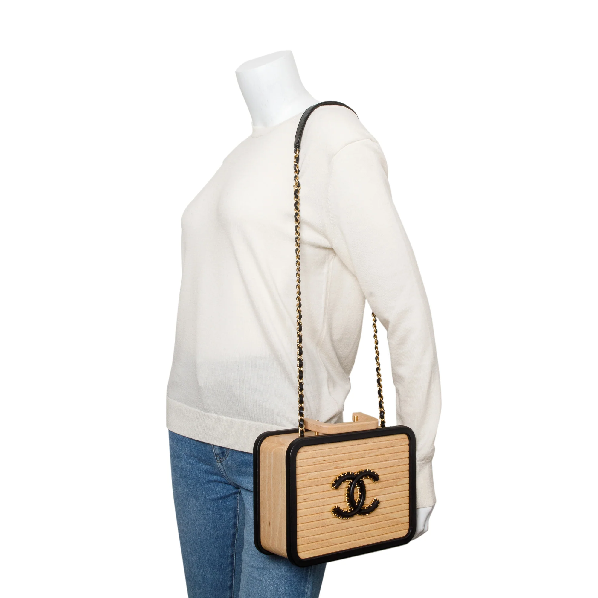 Chanel 2022 Beige Beech Wood Black Lambskin Leather Medium CC Vanity Case w/ Box - Image 2