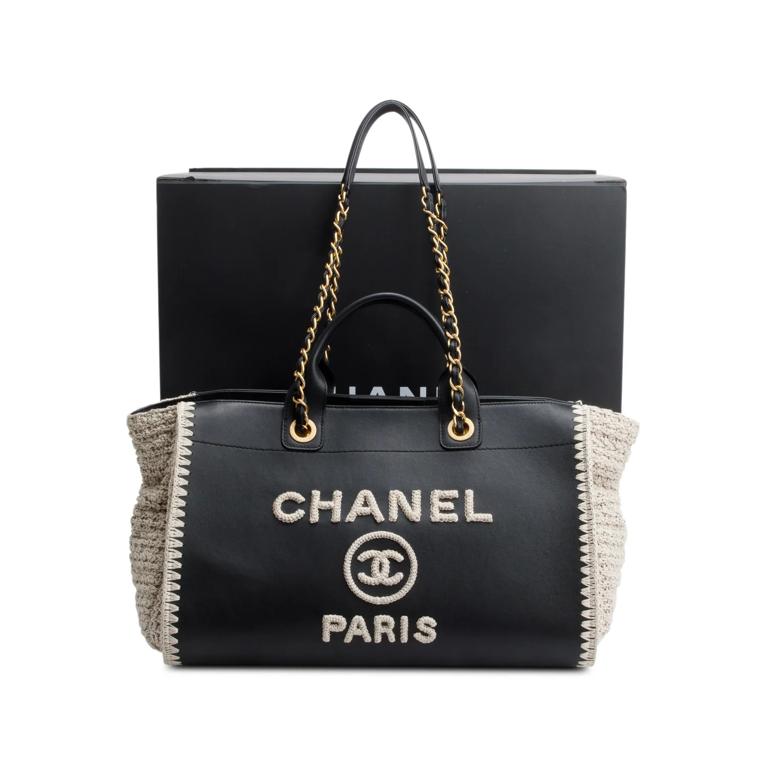Chanel 2022 Black Calfskin Leather Grey Knit Medium Deauville Tote w/ Box & Receipt - Image 3