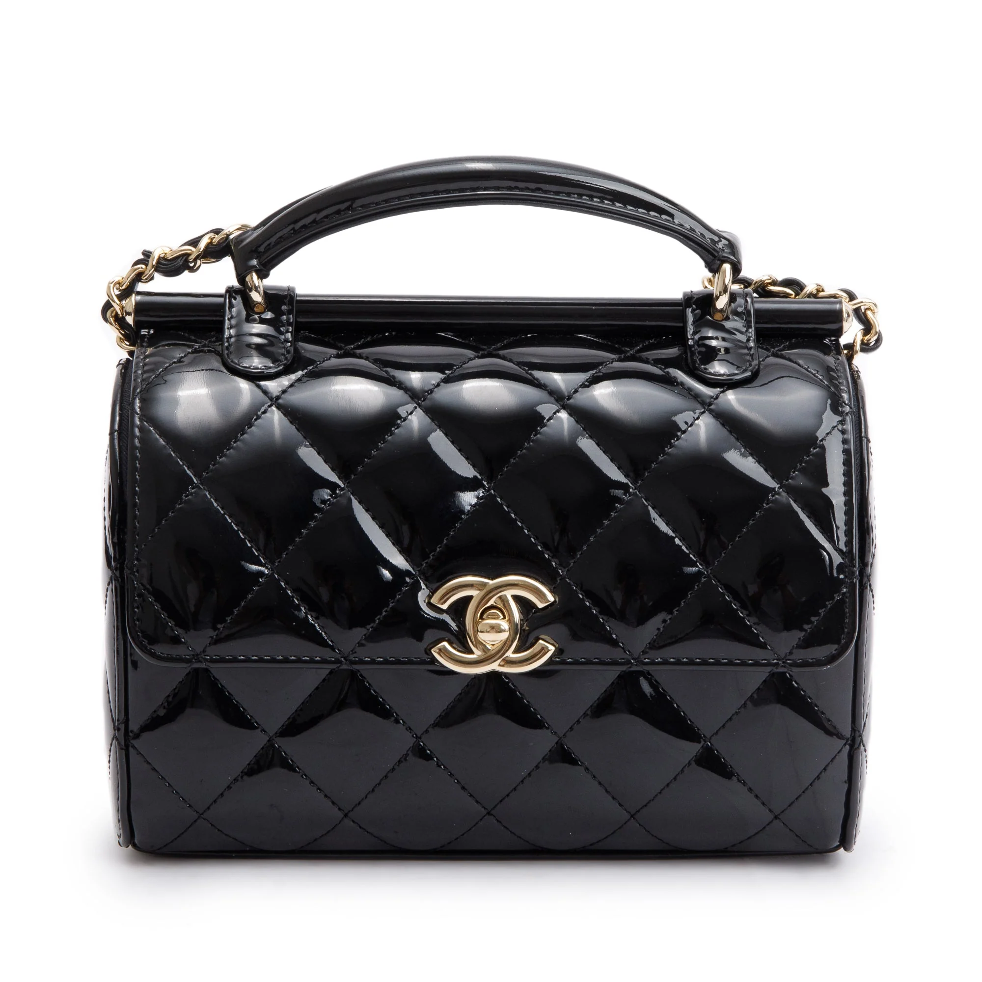 Chanel 2022 Black Quilted Patent Leather Mini Top Handle Flap Bag w/ Receipt - Image 3