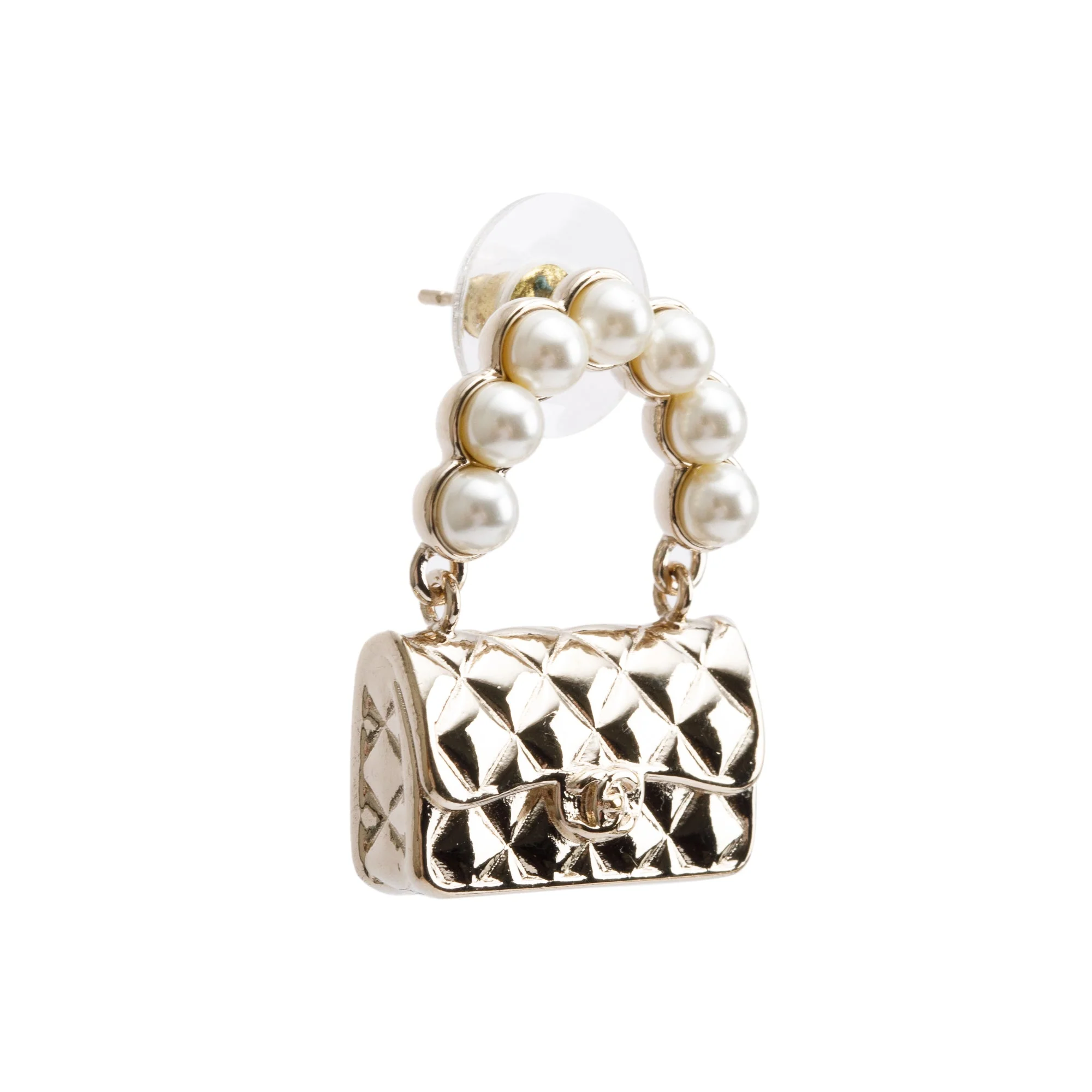 Chanel 2022 Gold Plated Faux Pearl Purse Drop Earrings w/ Box - Image 5