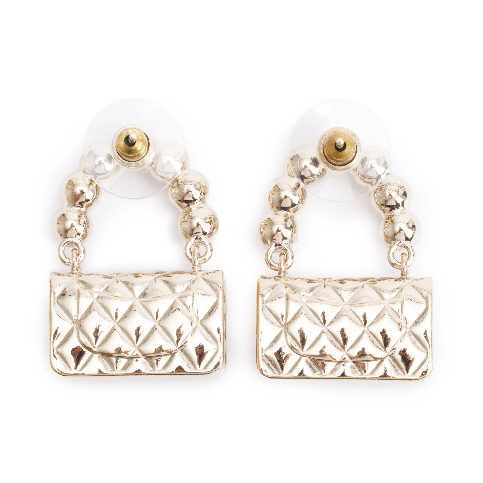 Chanel 2022 Gold Plated Faux Pearl Purse Drop Earrings w/ Box - Image 6