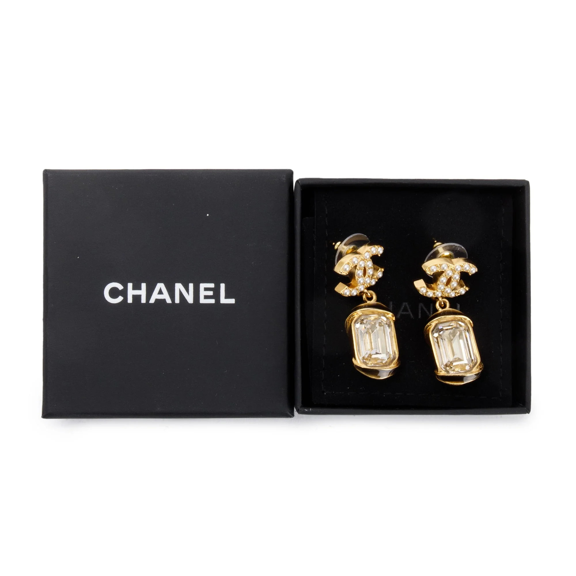 Chanel 2022 Gold Plated Faux Pearl & Strass CC Drop Earrings w/ Box - Image 2