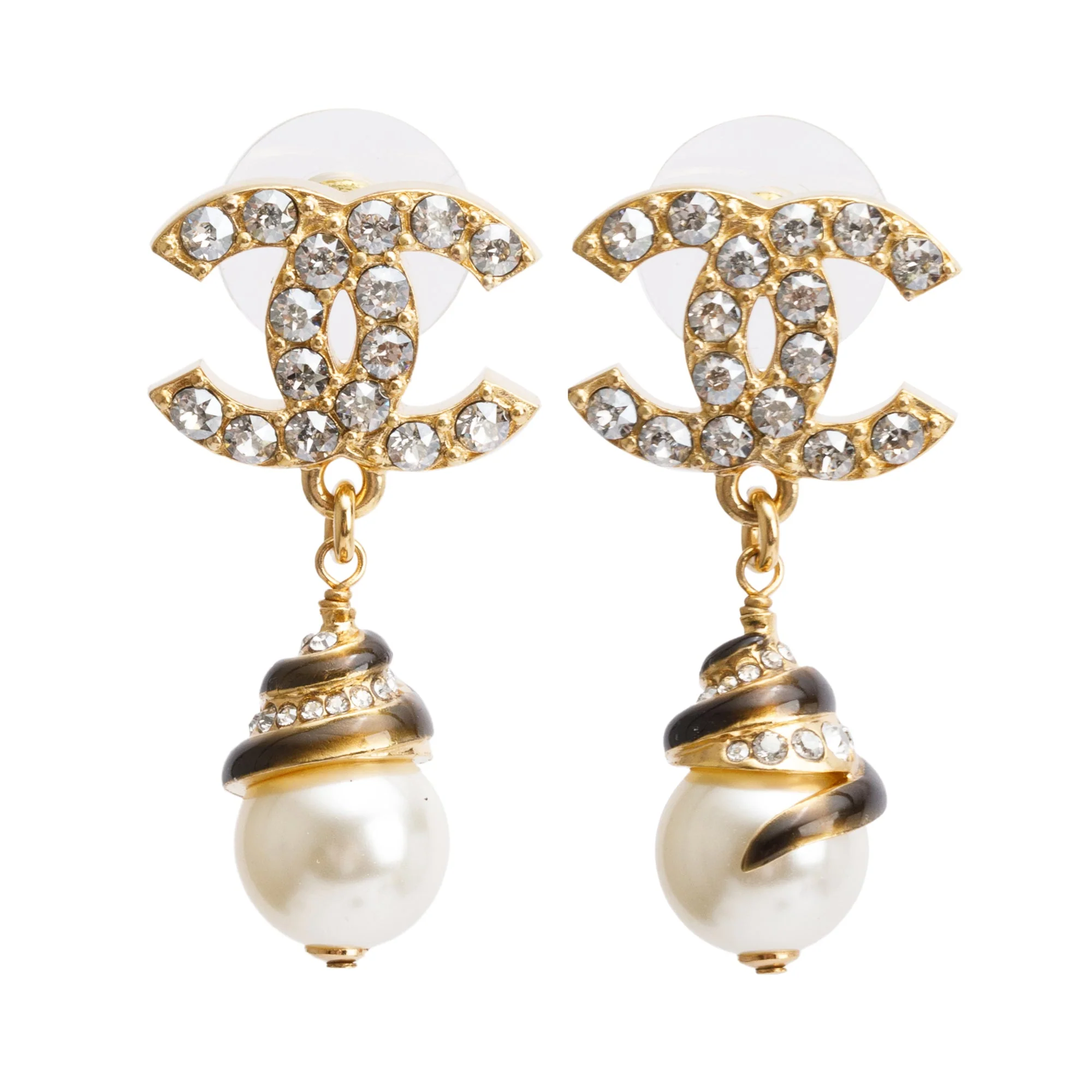 Chanel 2022 Gold Plated Faux Pearl Strass CC Drop Earrings w/ Box - Image 3