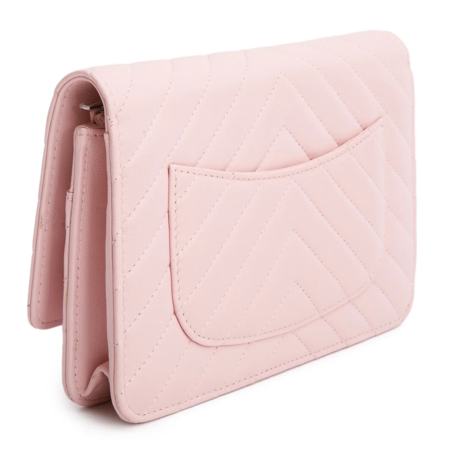 Chanel 2022 Pink Lambskin Chevron Quilted Wallet on Chain w/ Box & Receipt - Image 7