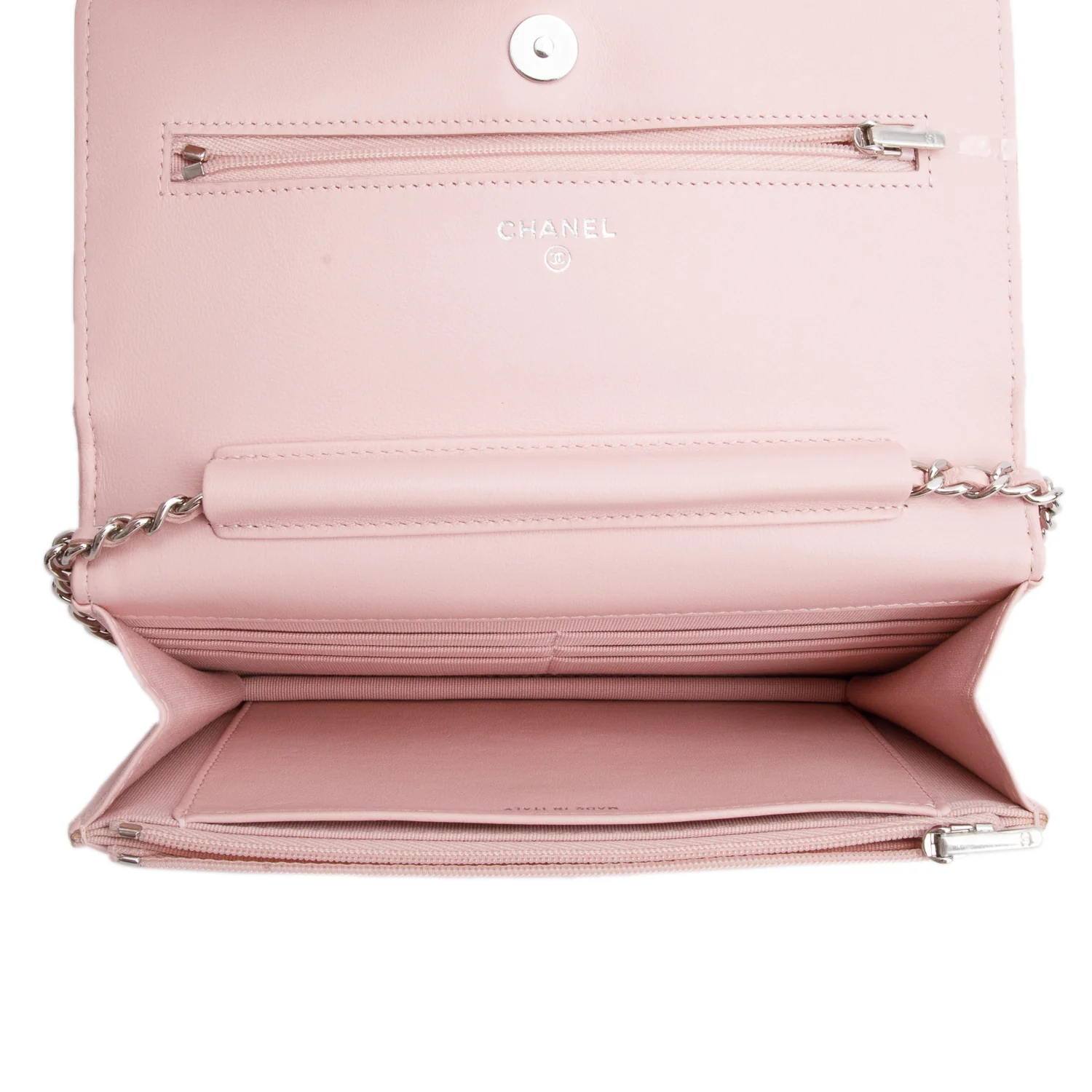 Chanel 2022 Pink Lambskin Chevron Quilted Wallet on Chain w/ Box & Receipt - Image 9