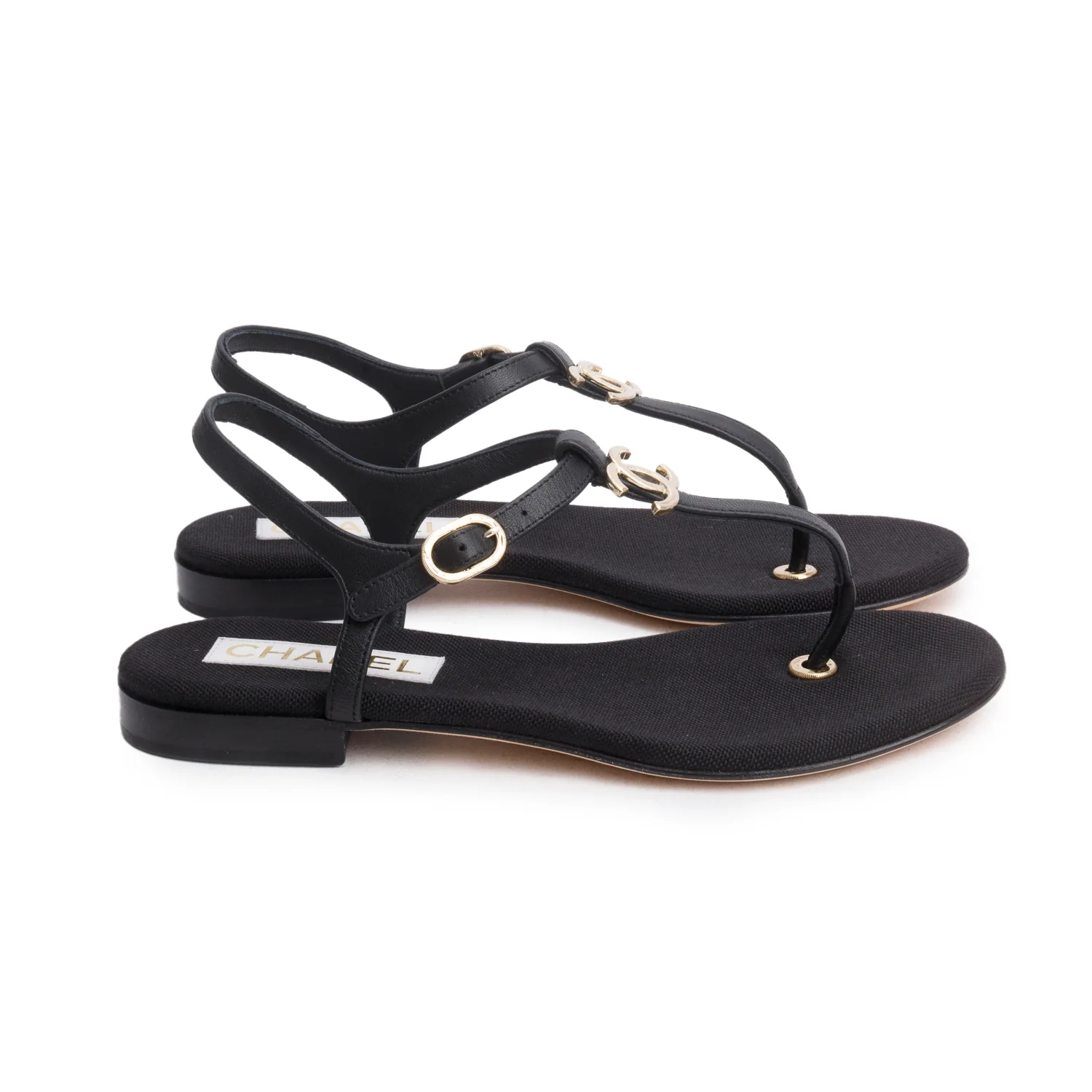 Chanel 2023 Black Calfskin Leather CC T-Strap Sandals, Size 38 w/ Box & Receipt - Image 3
