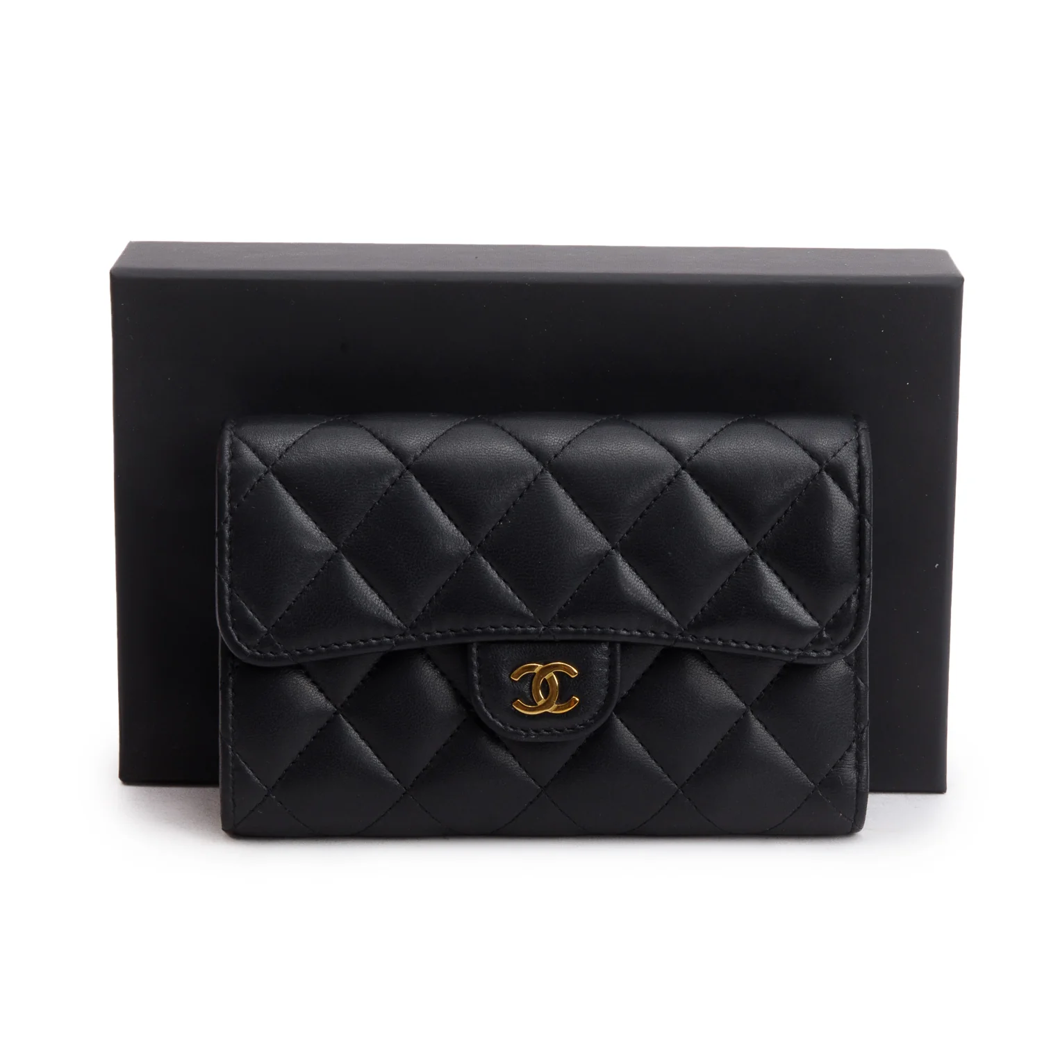 Chanel 2023 Black Lambskin Quilted Medium Flap Wallet w/ Box & Receipt - Image 2