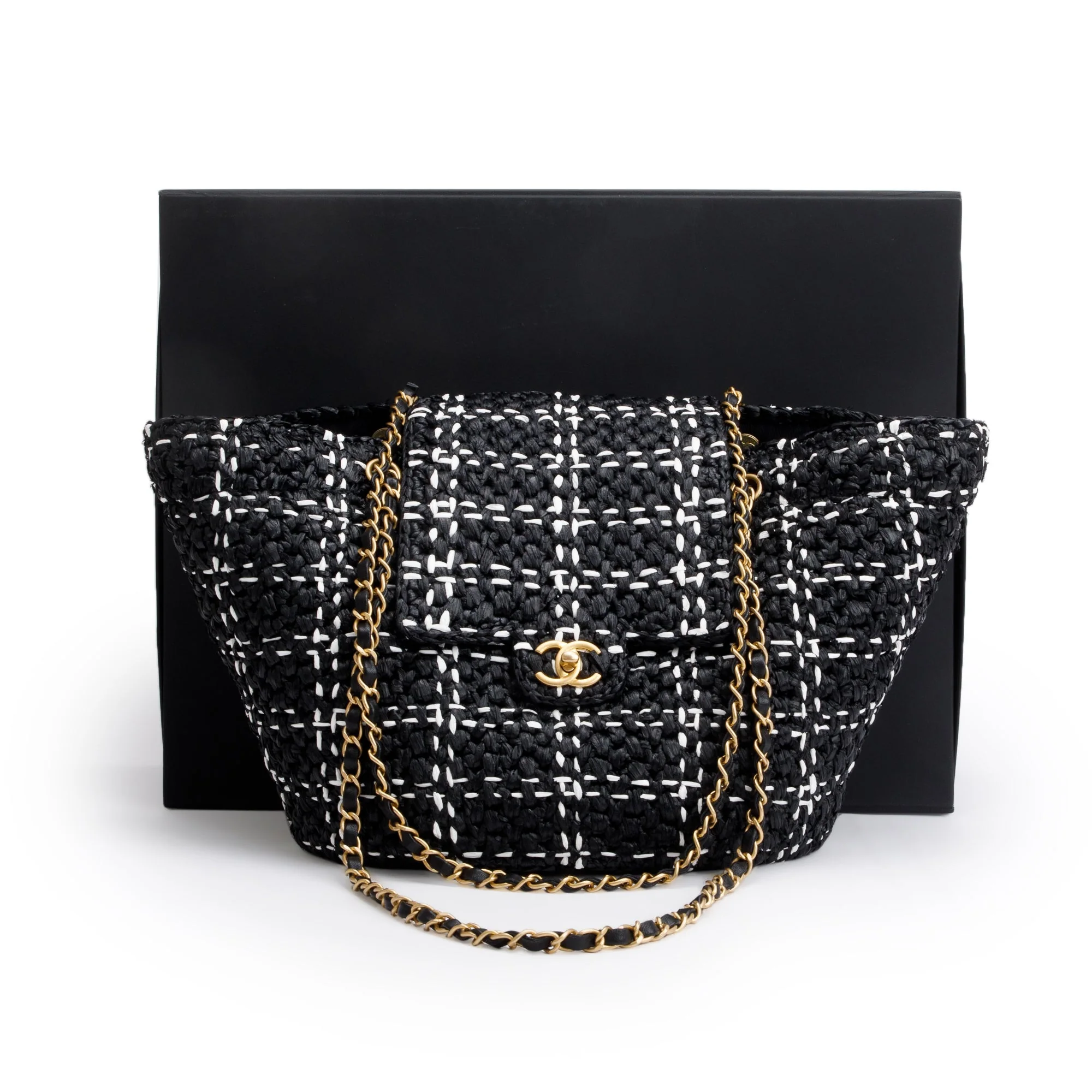 Chanel 2023 Black/White Raffia Calfskin CC Flap Tote w/ Box & Receipt - Image 3