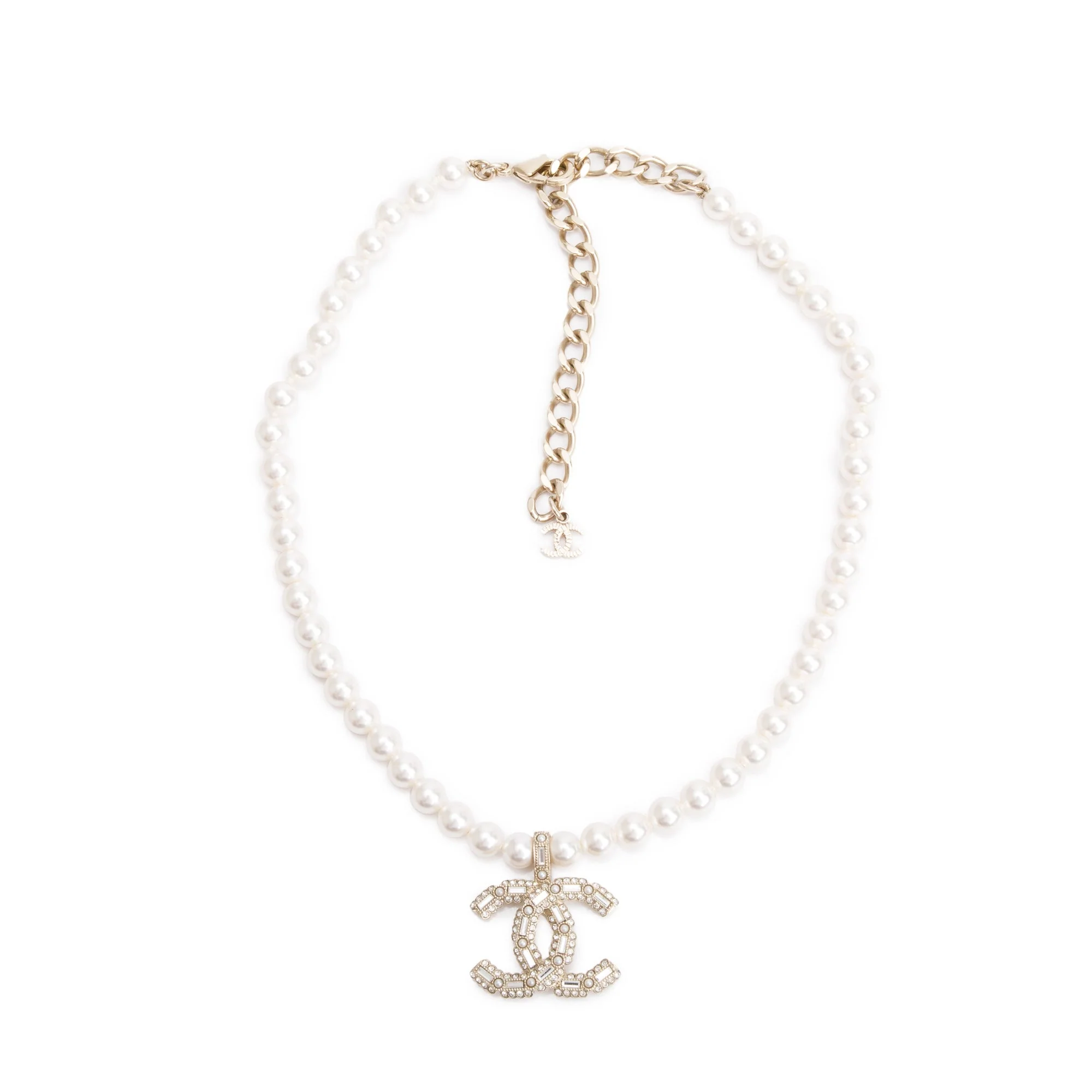 Chanel 2023 Gold Plated Faux Pearl Strass CC Drop Choker