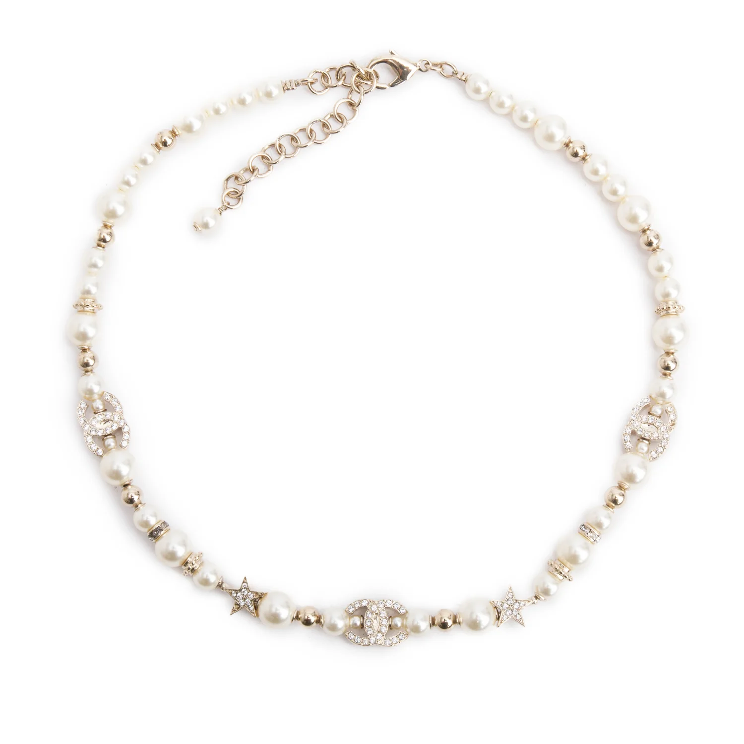 Chanel 2023 Gold Plated Faux Pearl & Strass CC Star Necklace w/ Box