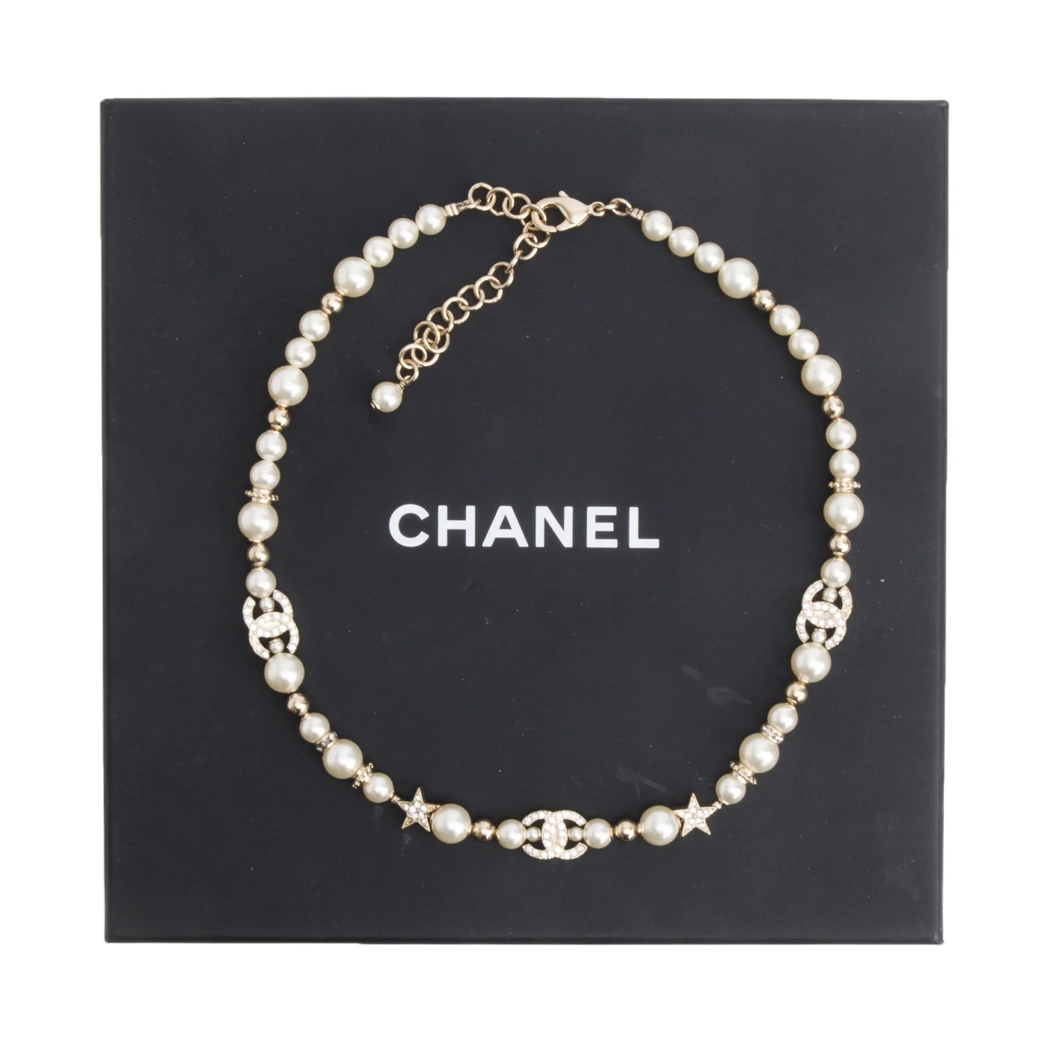 Chanel 2023 Gold Plated Faux Pearl & Strass CC Star Necklace w/ Box - Image 3