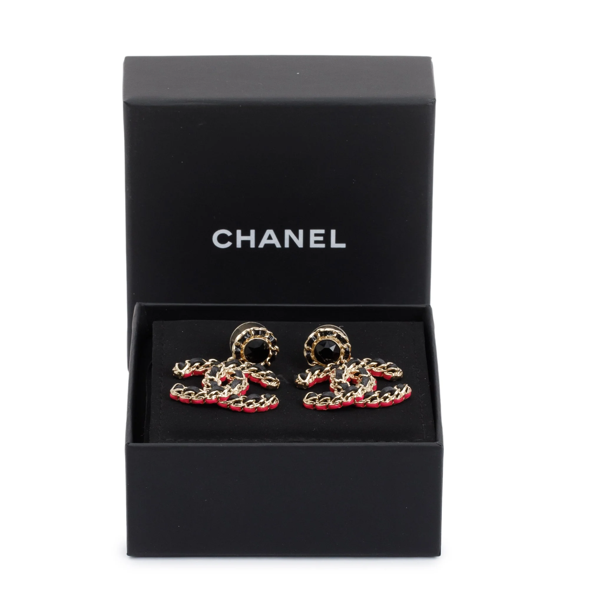 Chanel 2023 Gold Plated Leather & Pink Enamel CC Strass Drop Earrings w/ Box - Image 2