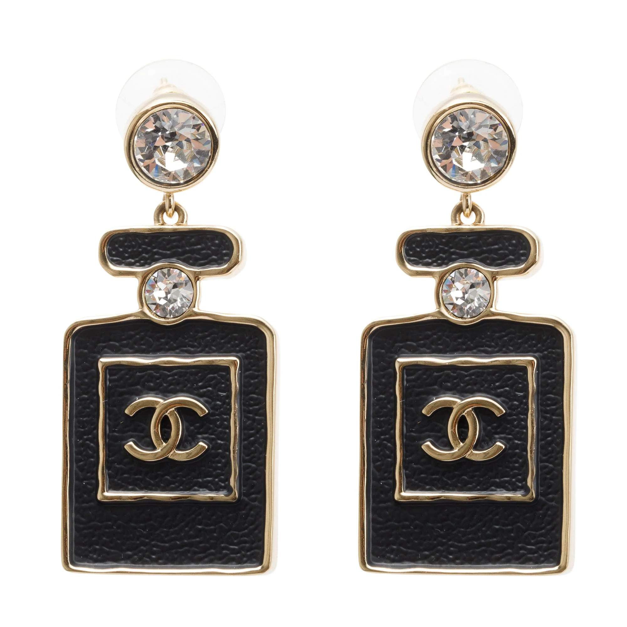 Chanel 2023 Gold Plated & Leather Strass Perfume Bottle Earrings w/ Box