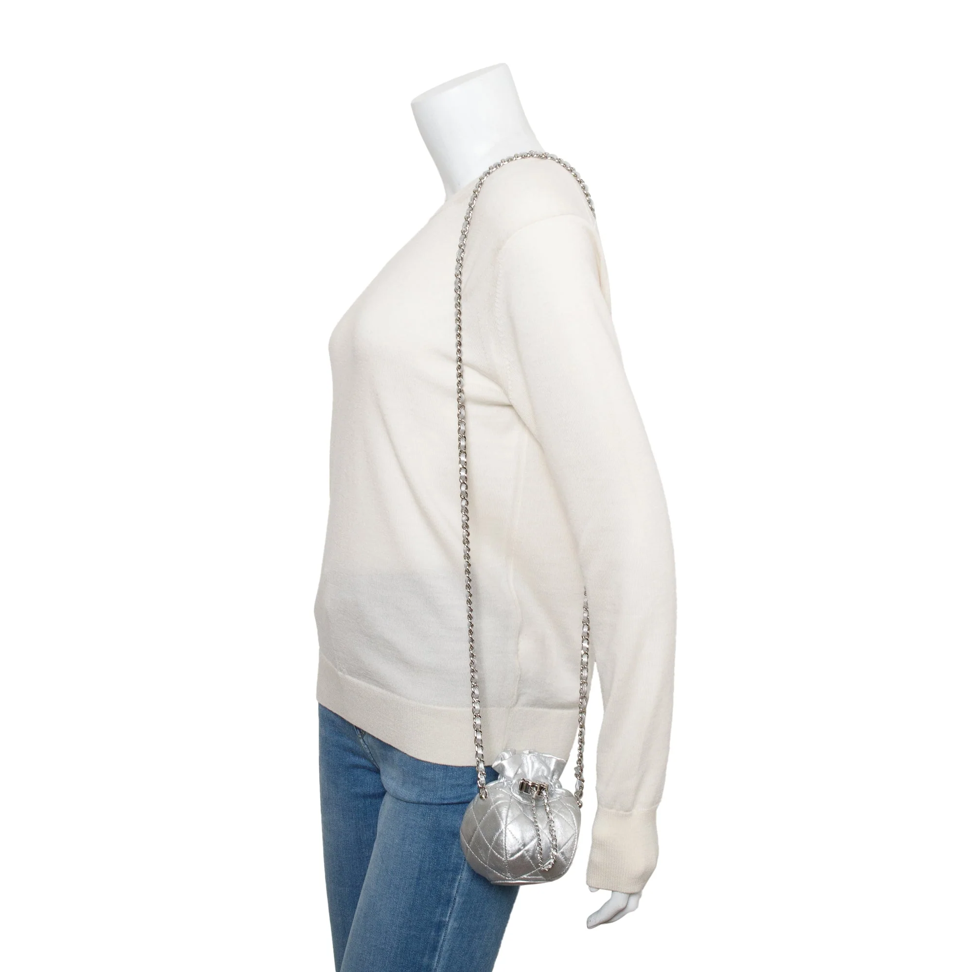 Chanel 2023 Metallic Silver Calfskin Leather Micro Drawstring Bucket Bag w/ Receipt - Image 2