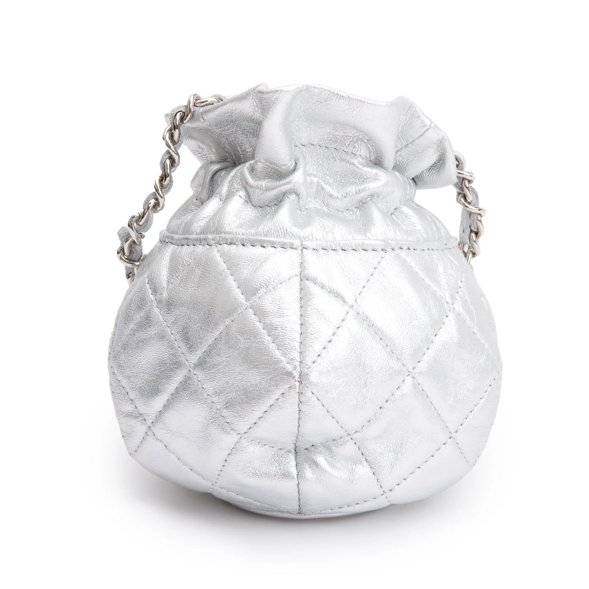 Chanel 2023 Metallic Silver Calfskin Leather Micro Drawstring Bucket Bag w/ Receipt - Image 5