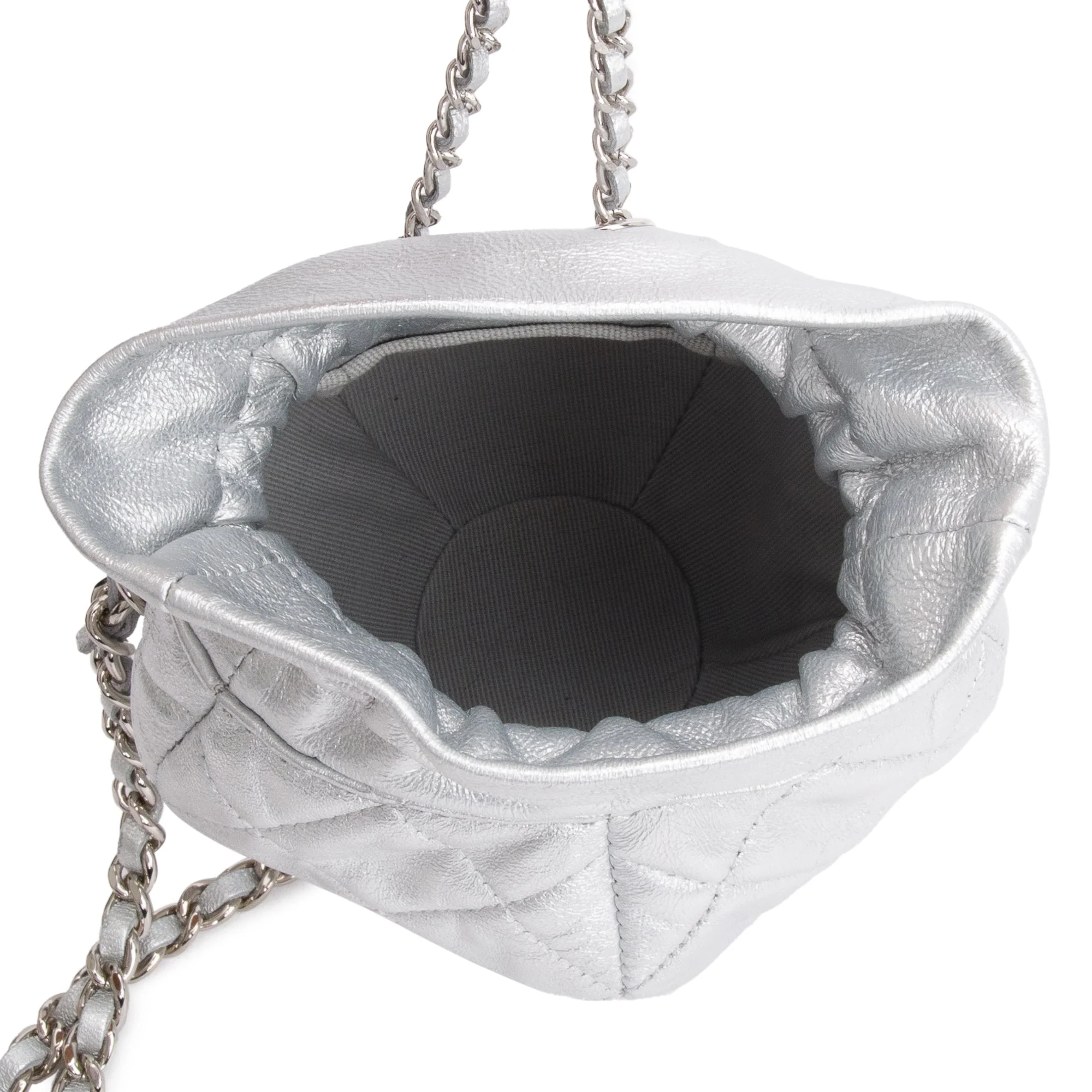 Chanel 2023 Metallic Silver Calfskin Leather Micro Drawstring Bucket Bag w/ Receipt - Image 6