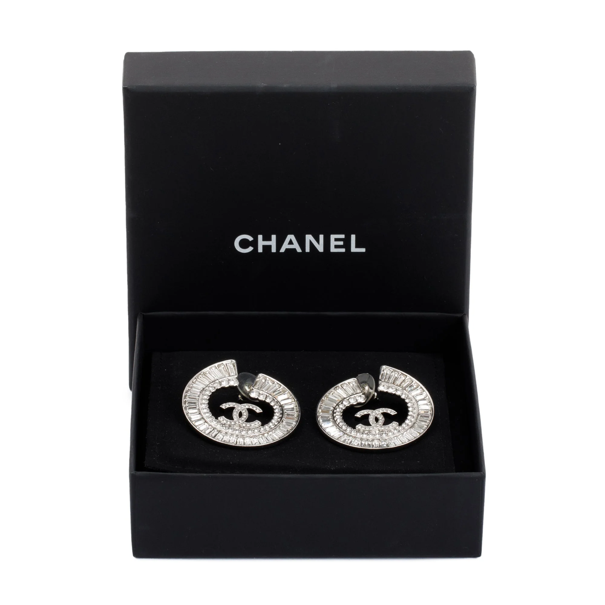 Chanel 2023 Palladium Plated Strass CC Round Earrings w/ Box & Receipt - Image 2