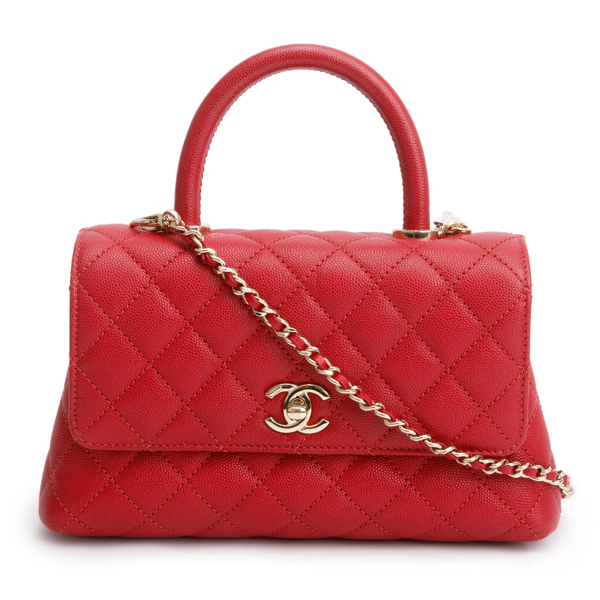 Chanel 2023 Red Quilted Caviar Leather Small Coco Handle Bag w/ Strap