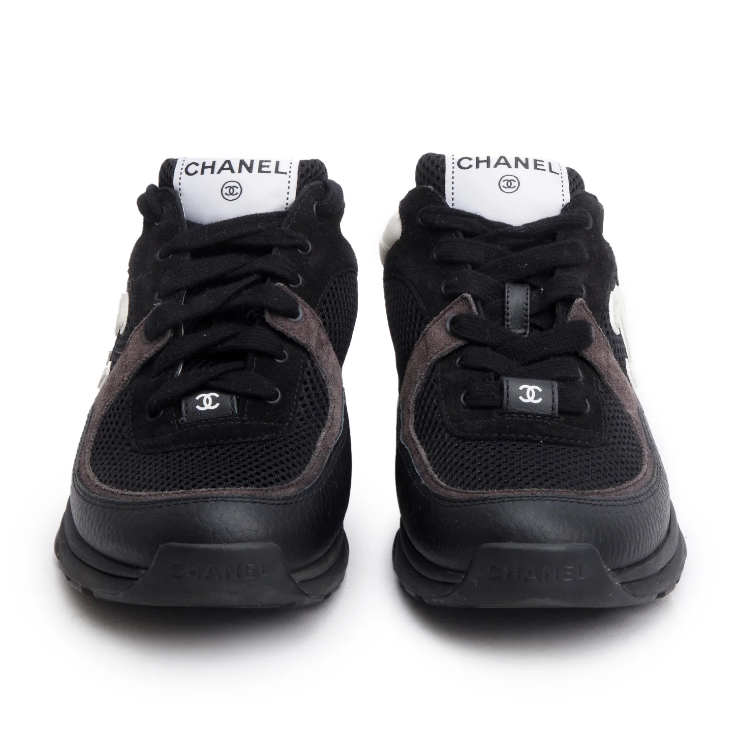 Chanel 2024 Black Calfskin Mesh Suede CC Logo Sneakers, Size 38 w/ Receipt - Image 3