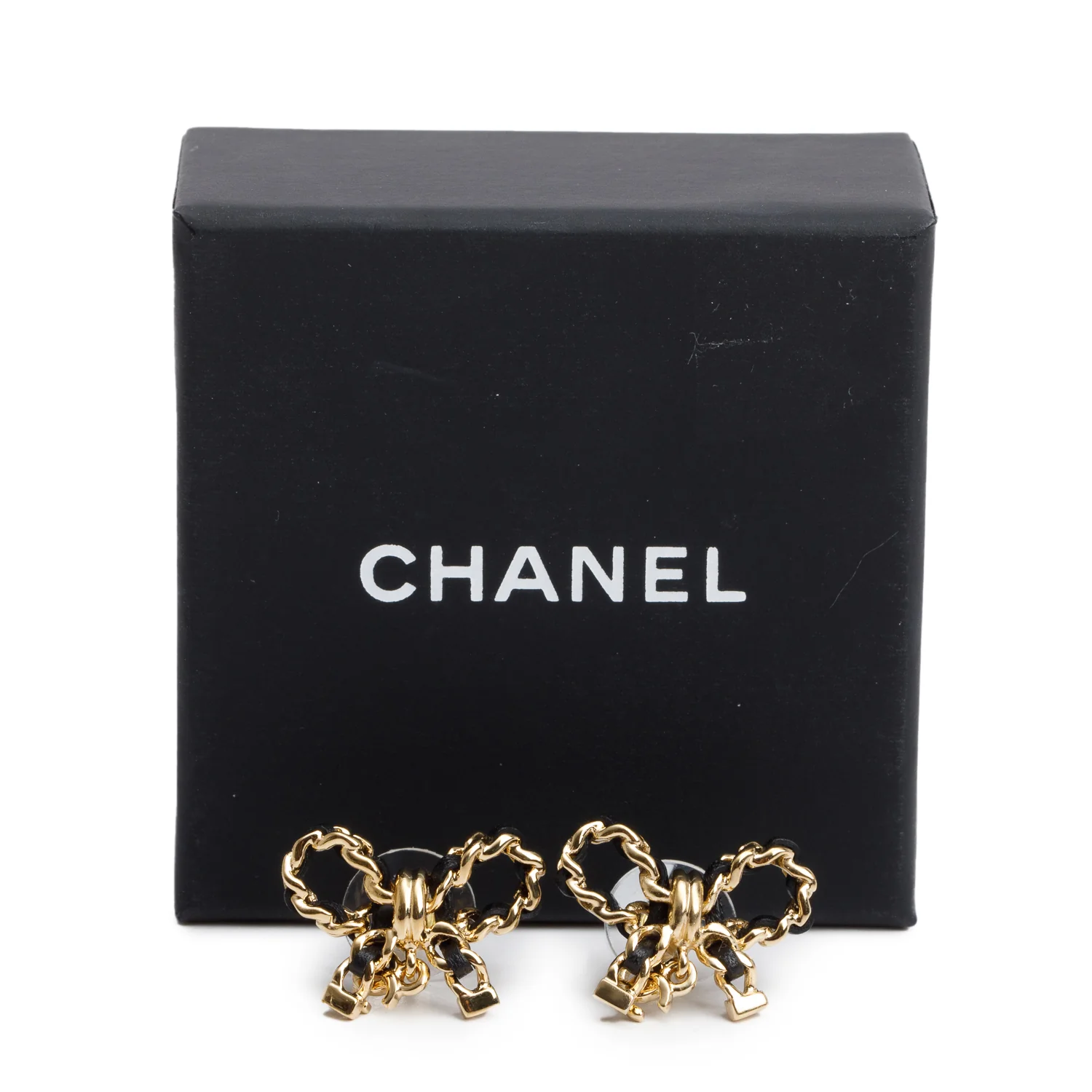 Chanel 2024 Gold Plated & Black Lambskin Leather Bow Stud Earrings w/ Box - Image 2